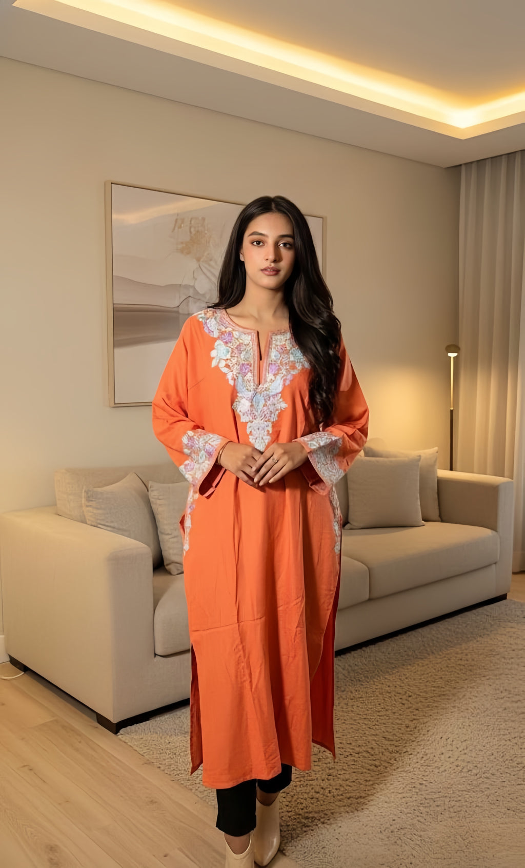 Kashmiri Aari Embroidered coral orange woollen Phiran