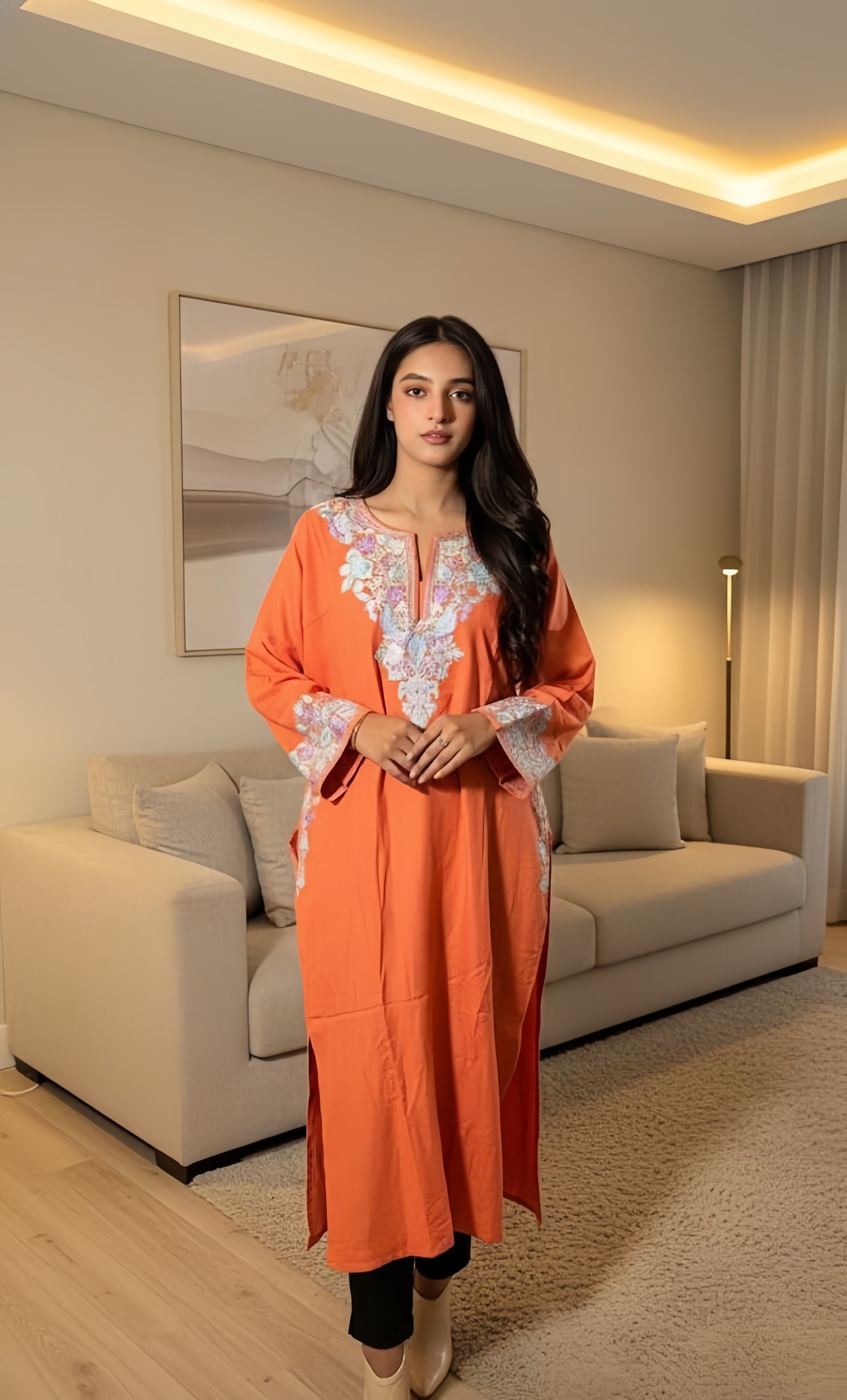 Kashmiri Aari Embroidered woolen coral orange Phiran