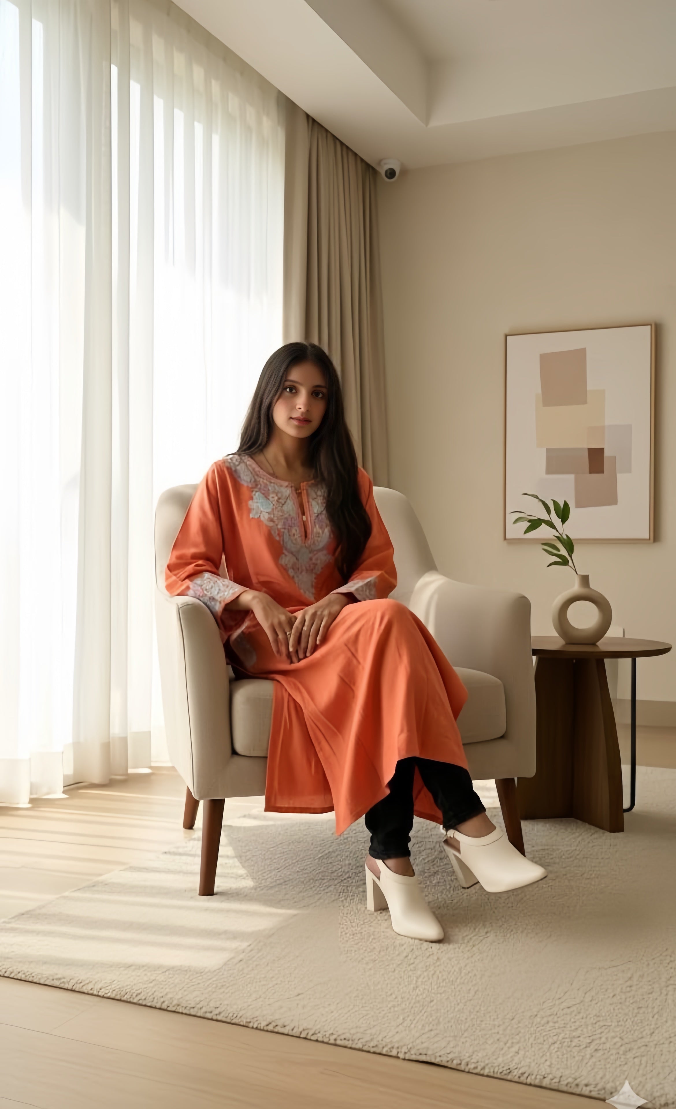 Kashmiri Aari Embroidered woolen coral orange Phiran