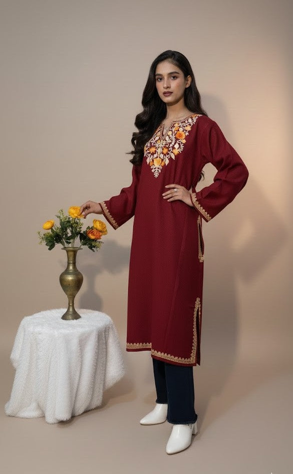 Kashmiri Aari Embroidered maroon woollen Phiran