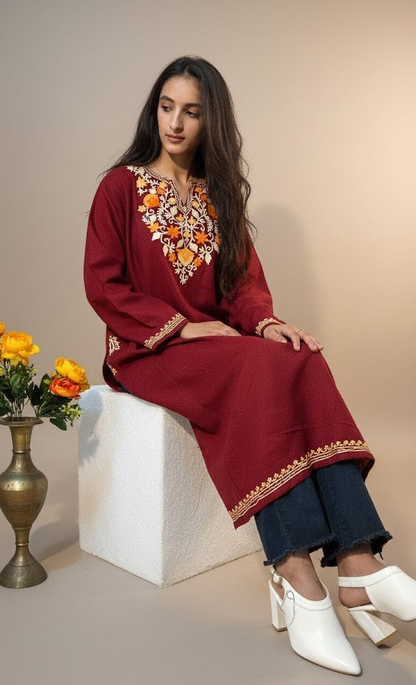 Kashmiri Aari Embroidered woolen maroon Phiran