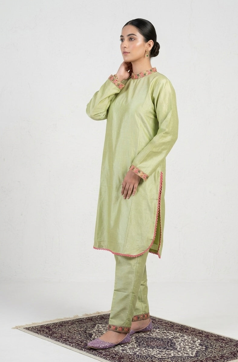 Sage Elegance Two-Piece Raw Silk kashmiri kurta Set