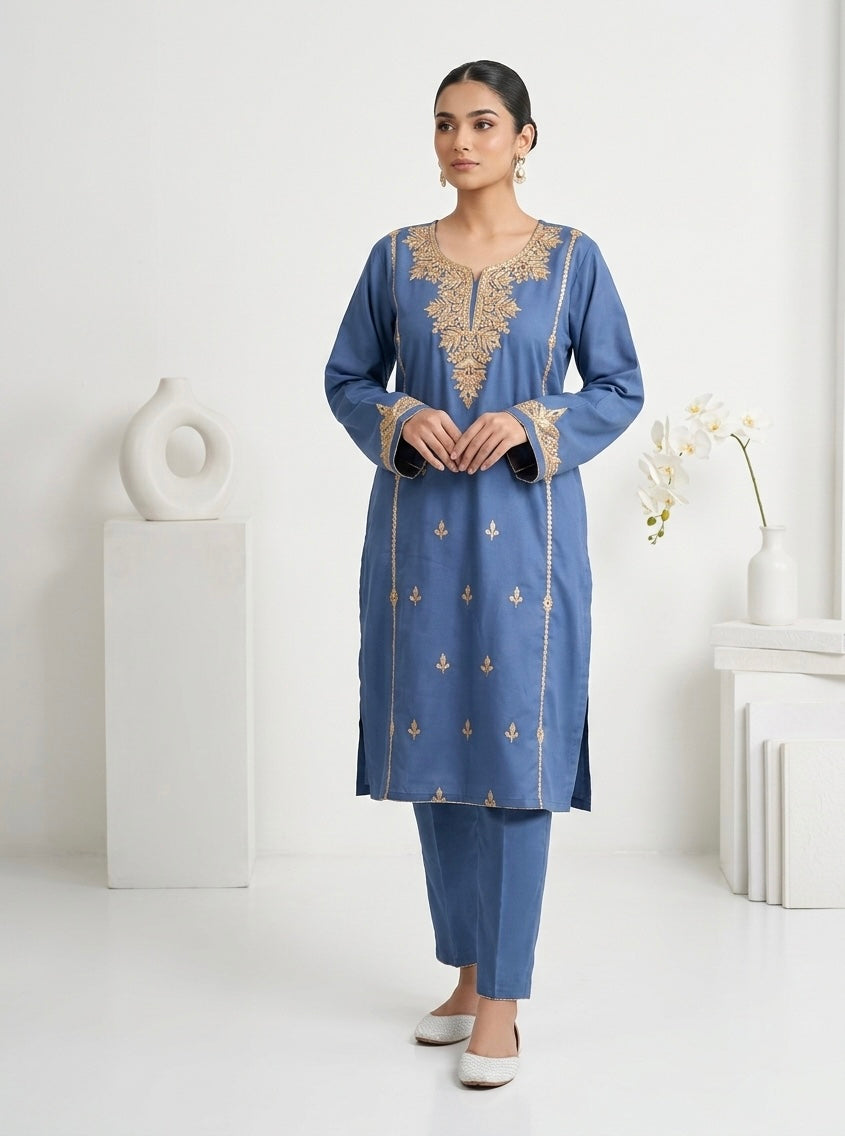 Tilla-Embroidered Kashmiri Blue Cotton Pheran Set