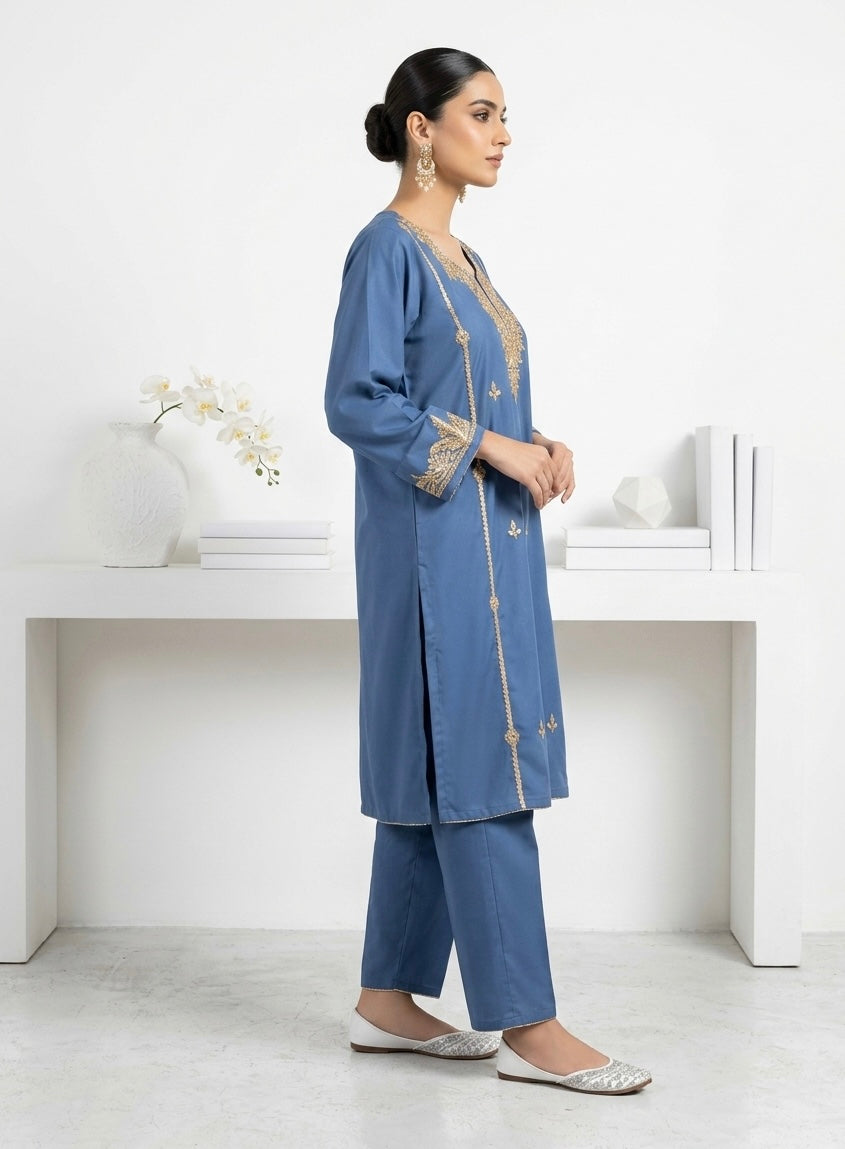 Tilla-Embroidered Kashmiri Blue Cotton Pheran Set