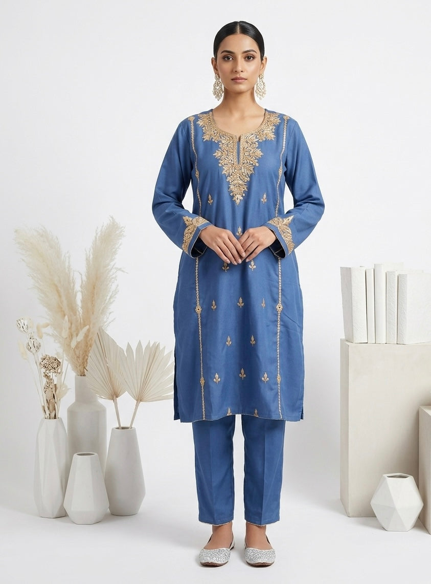 Tilla-Embroidered Kashmiri Blue Cotton Pheran Set