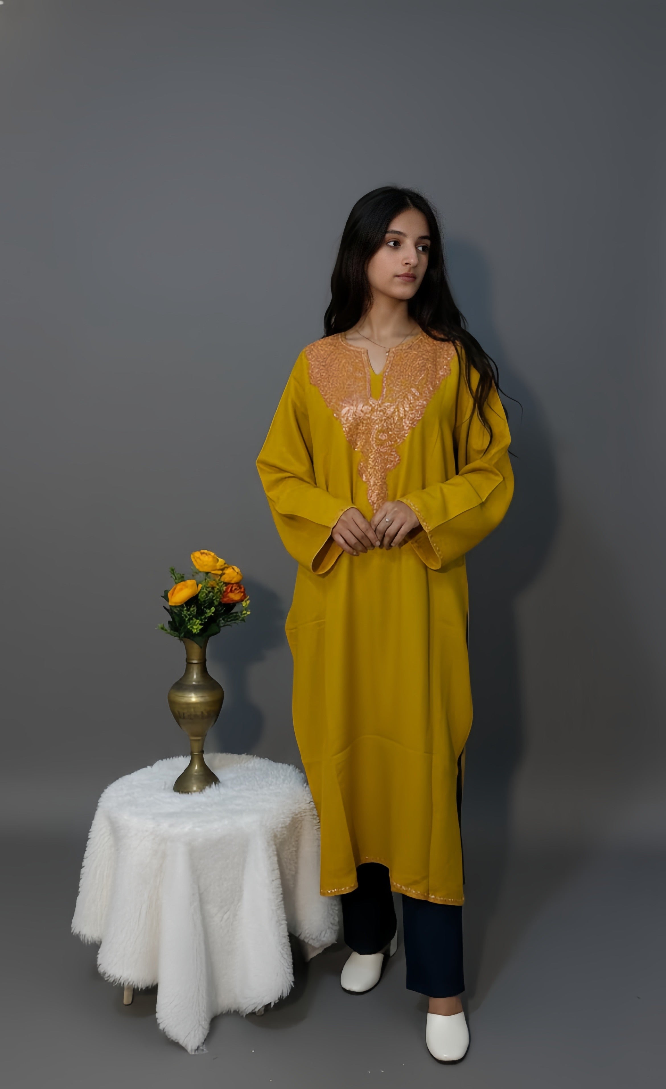 Kashmiri Rose Gold Tilla Embroidered Mustard woollen Phiran