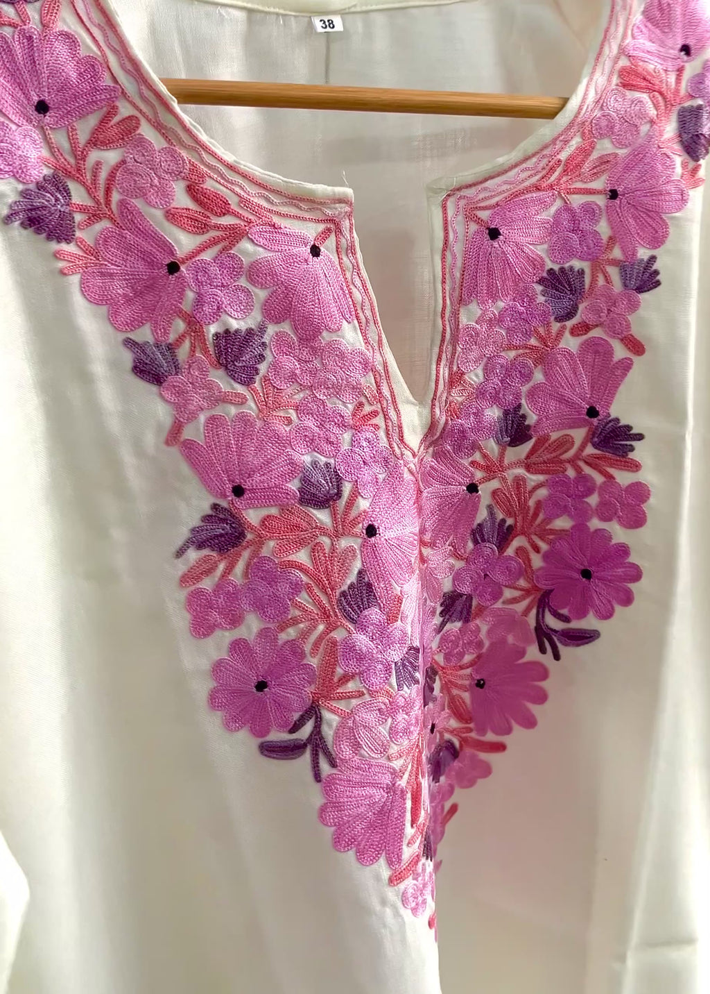 Kashmiri Pink Ari embroidered white long Cotton kurti