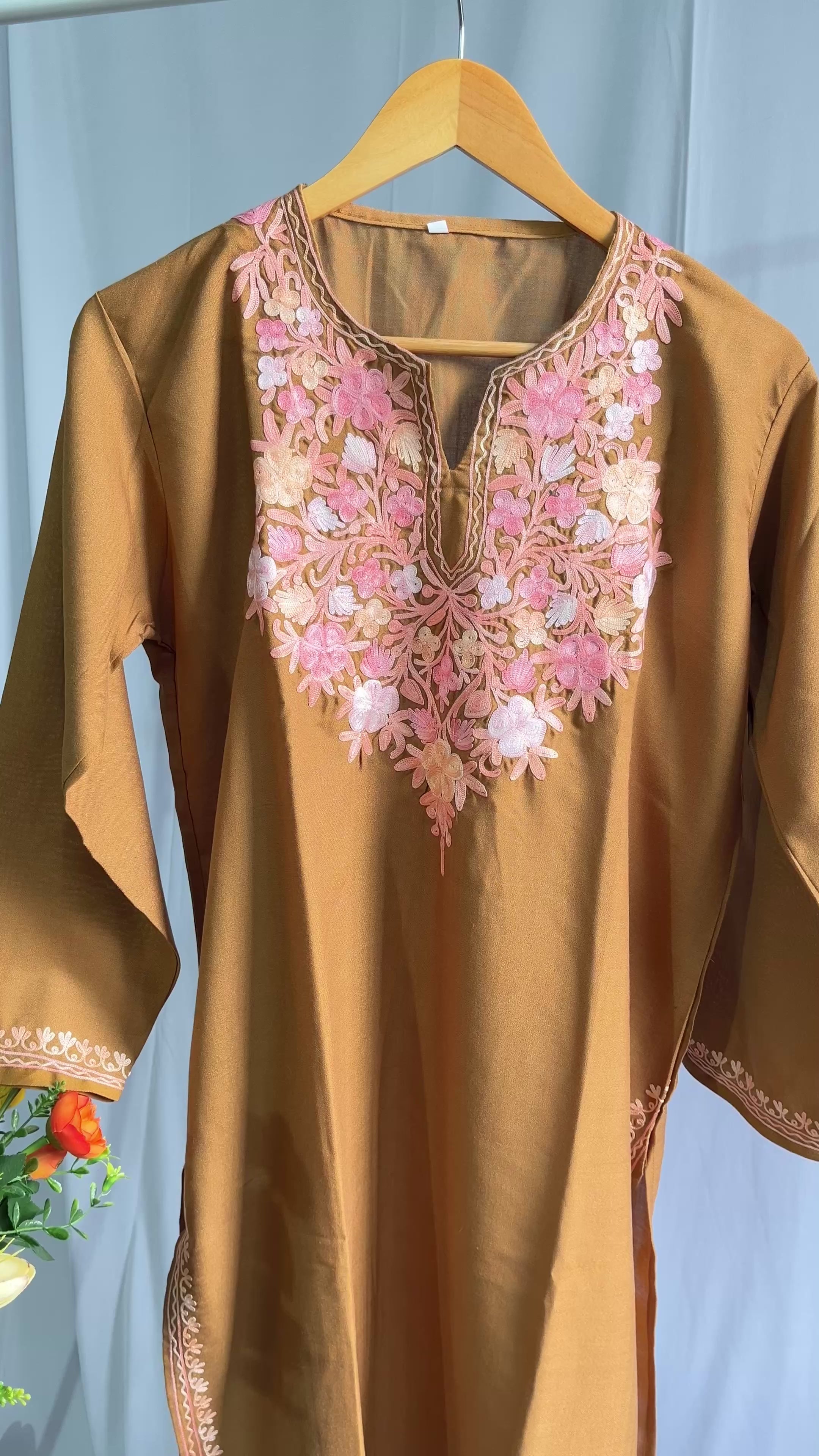 Kashmiri Pink Ari embroidered Brown long Cotton kurti