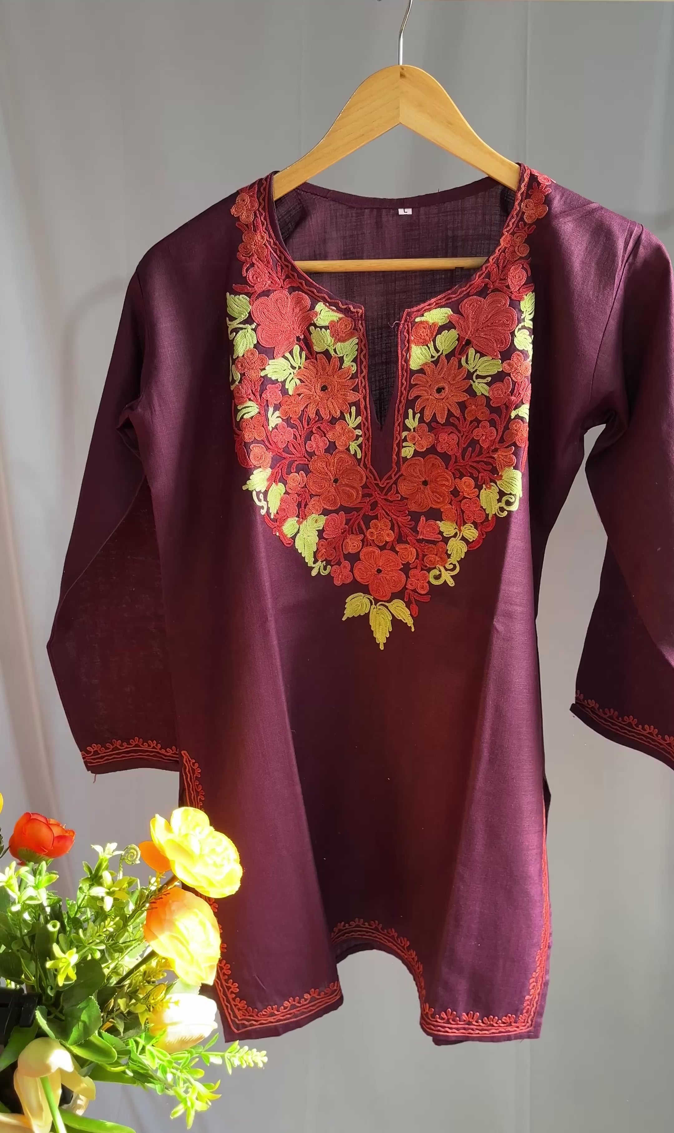 Kashmiri Ari embroidered wine short Cotton kurti