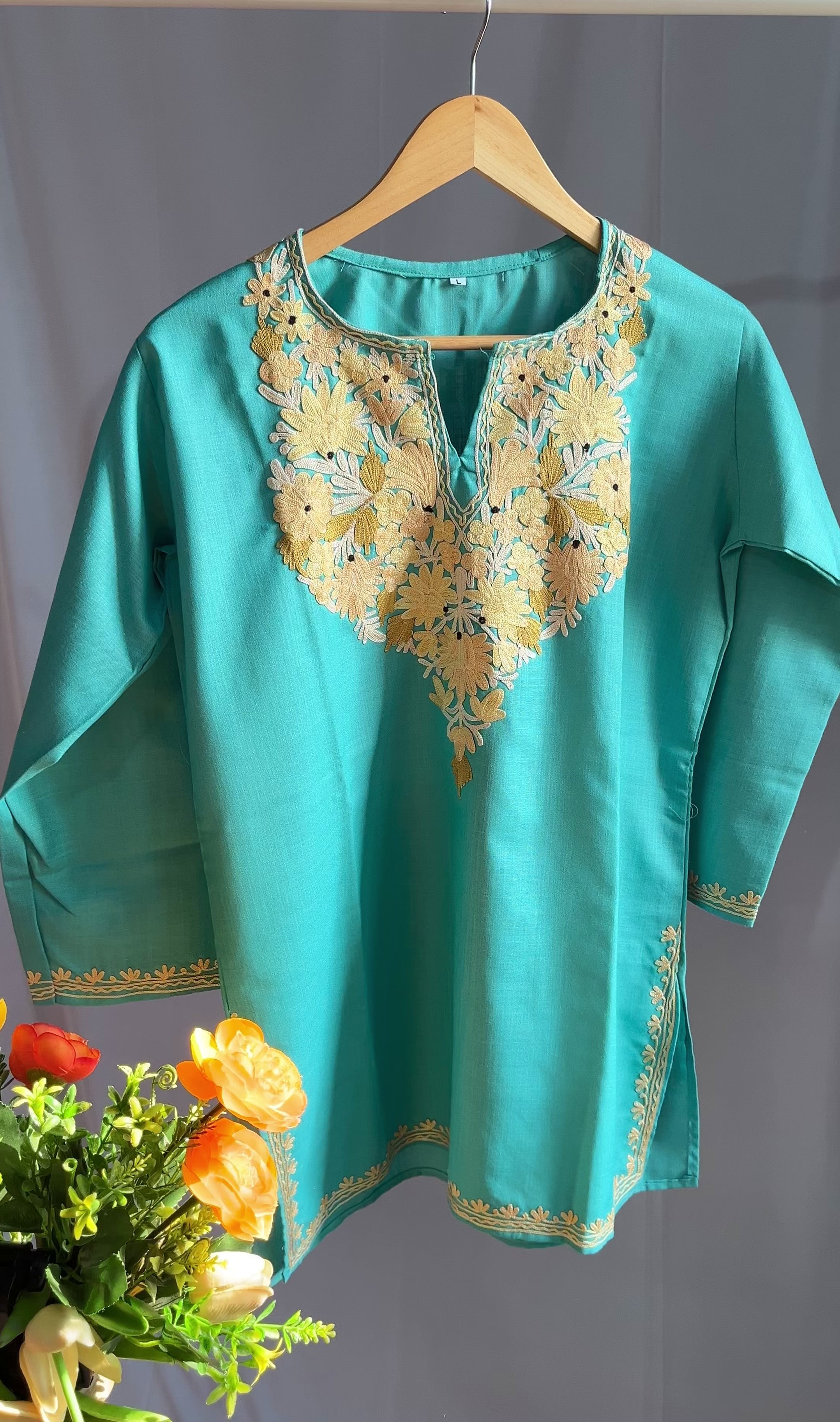 Kashmiri Ari embroidered sky blue short Cotton kurti