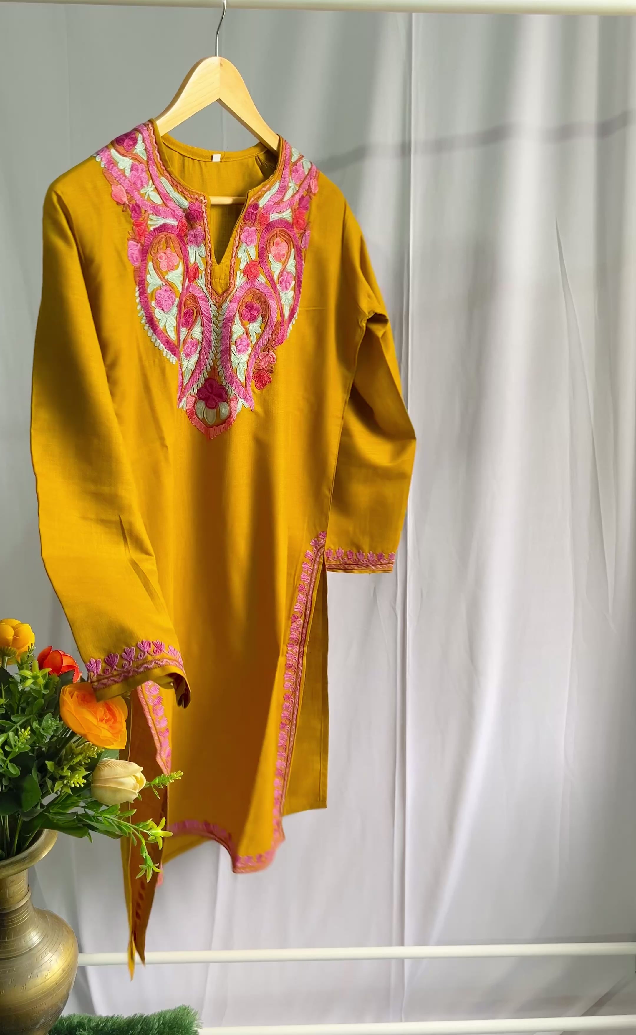 Kashmiri Pink Ari embroidered Brown long Cotton kurti