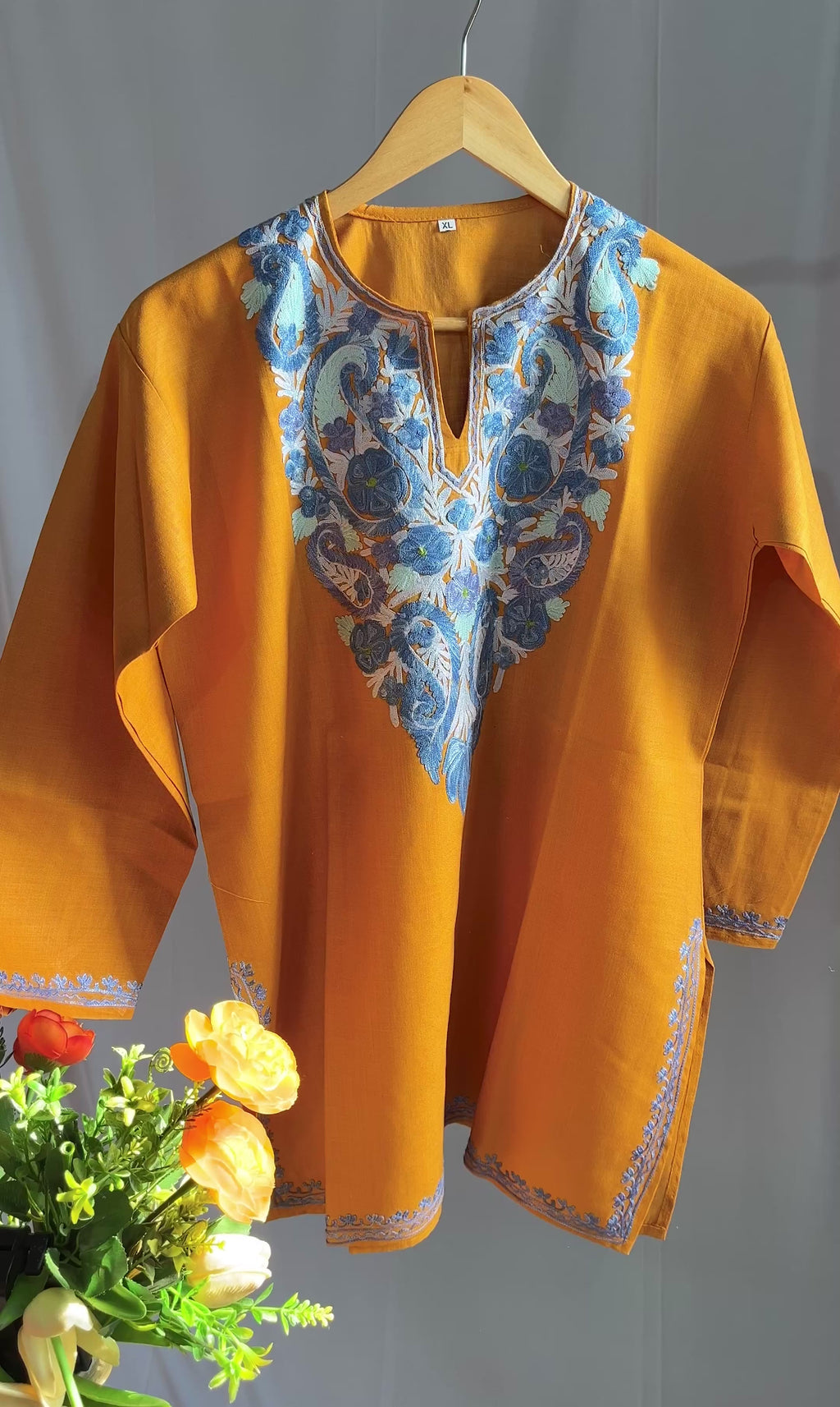 Kashmiri Ari Embroidered Mustard Yellow Short Cotton Kurti