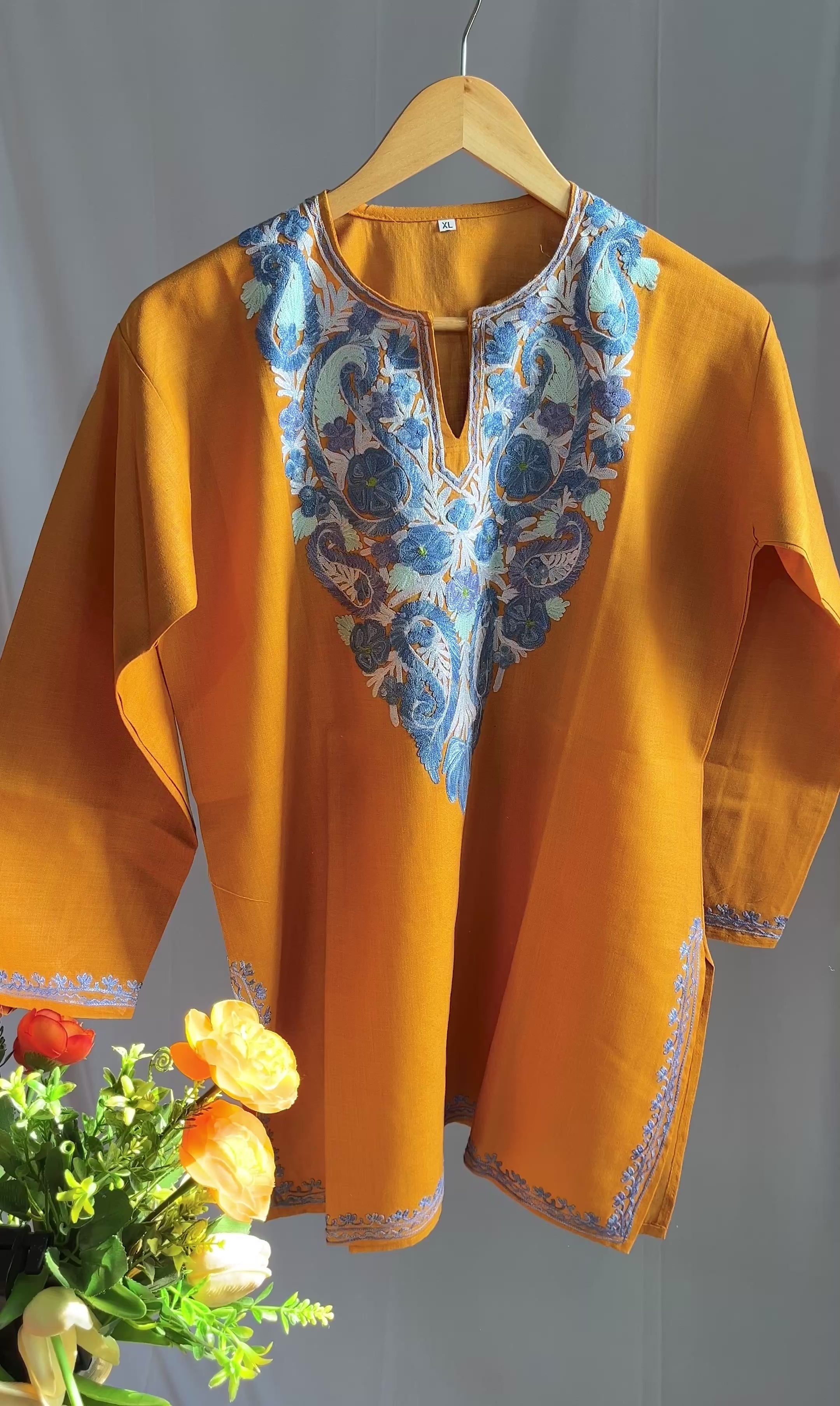 Kashmiri Ari Embroidered Mustard Yellow Short Cotton Kurti