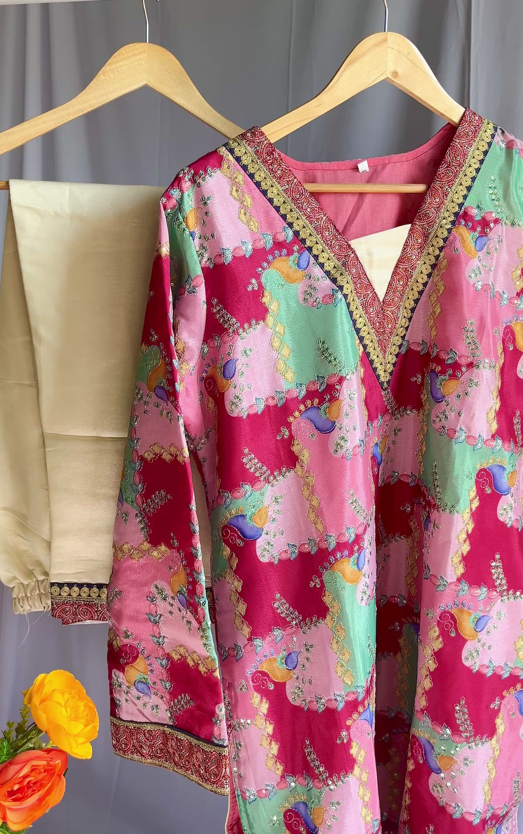 Multicolor Patchwork-Style Embroidered Kurta Set