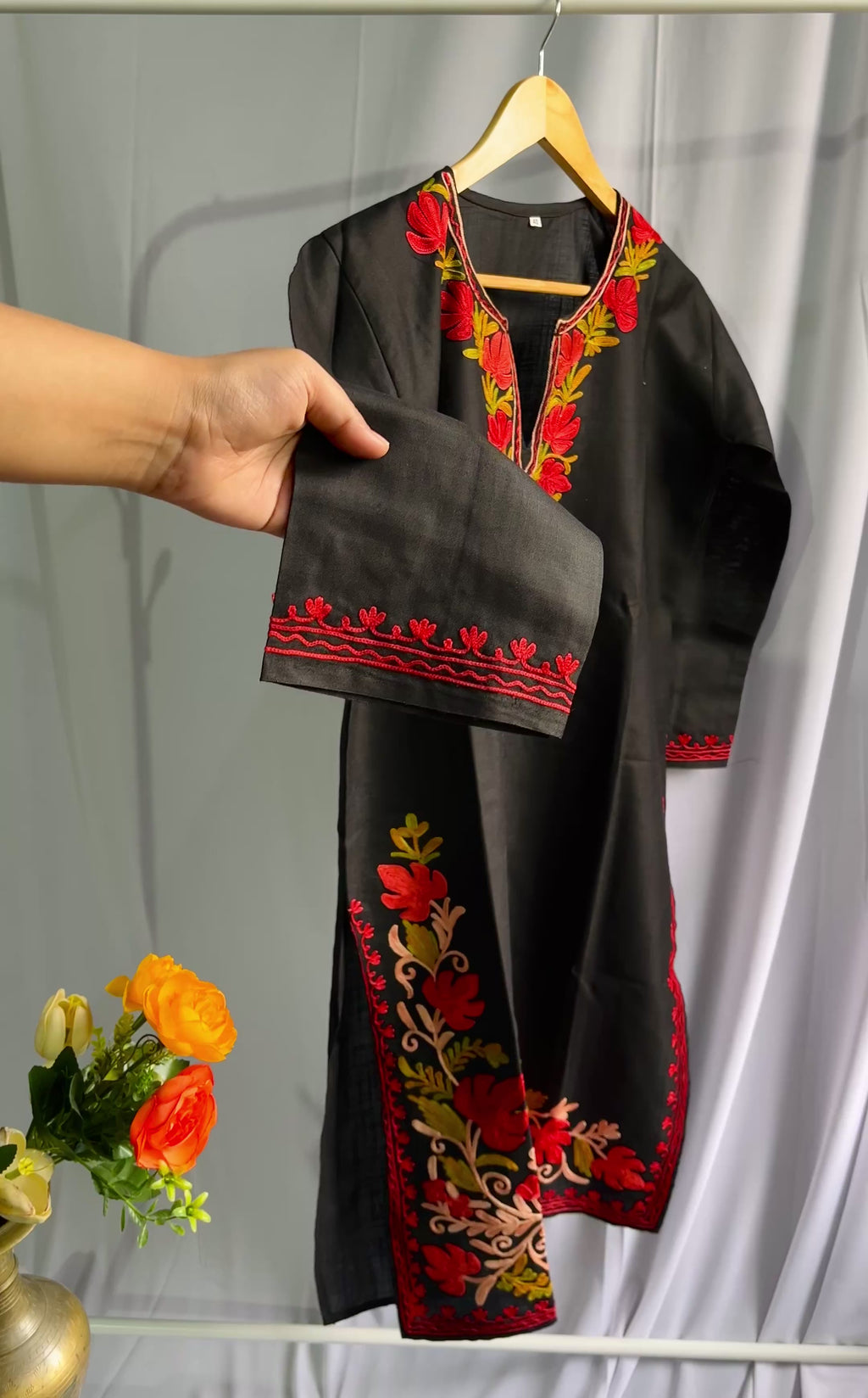 Kashmiri Red Ari embroidered Black long Cotton kurti