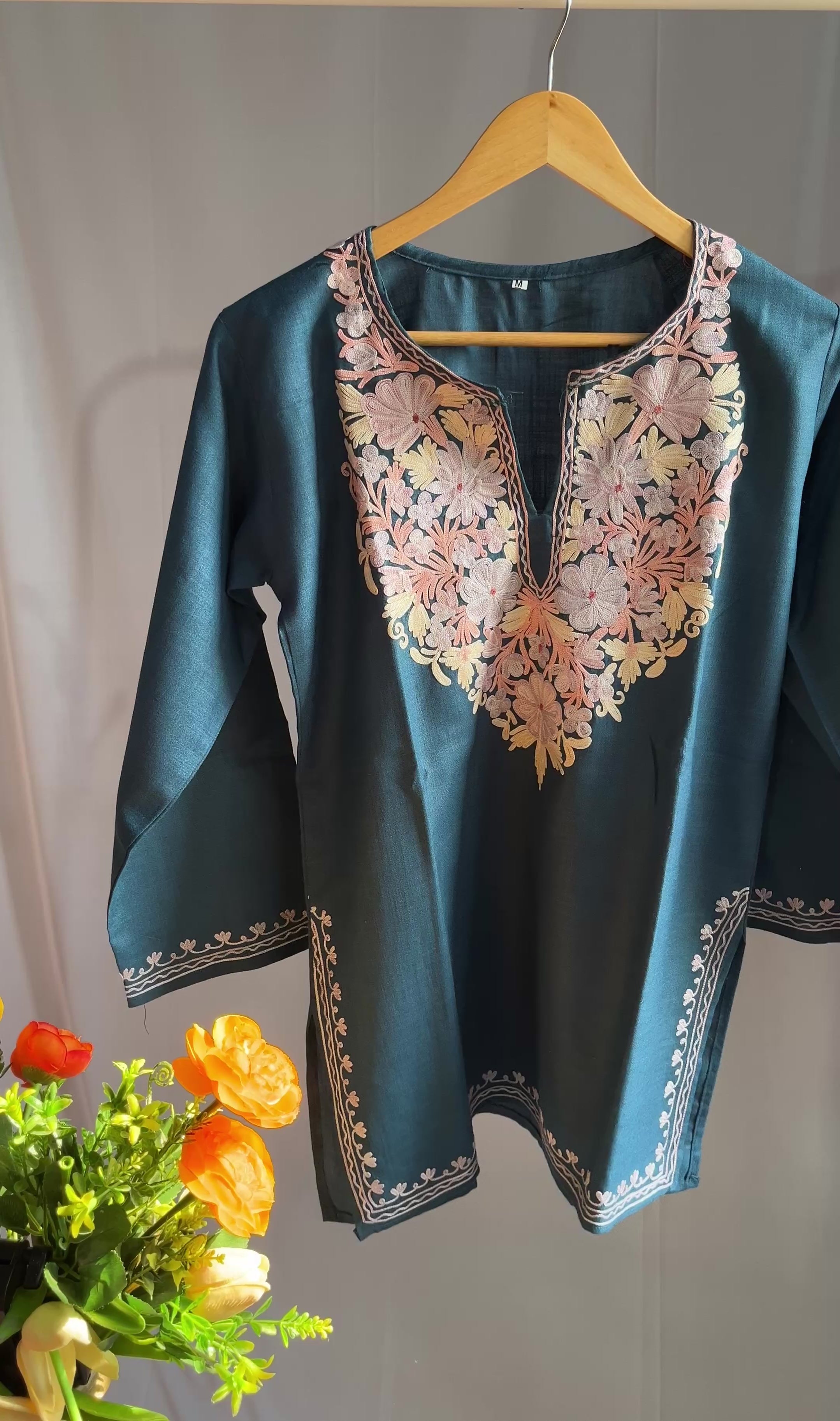 Kashmiri Ari Embroidered blue short Cotton kurti