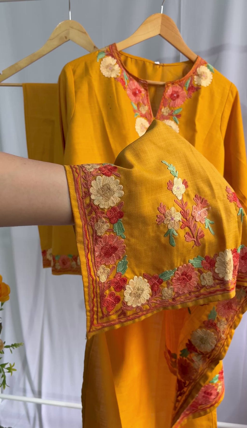 Mustard Kashmiri Ari Embroidered Cotton Kurta Set