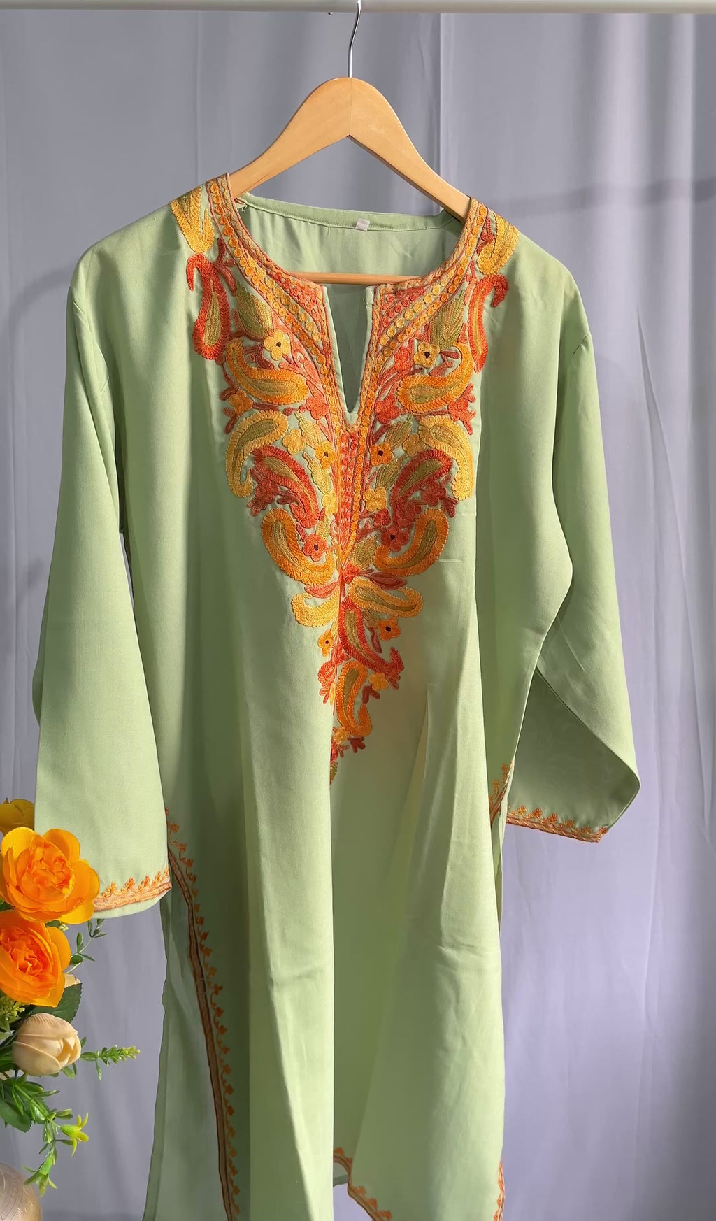 Kashmiri Ari embroidered pistachio green long Cotton kurti