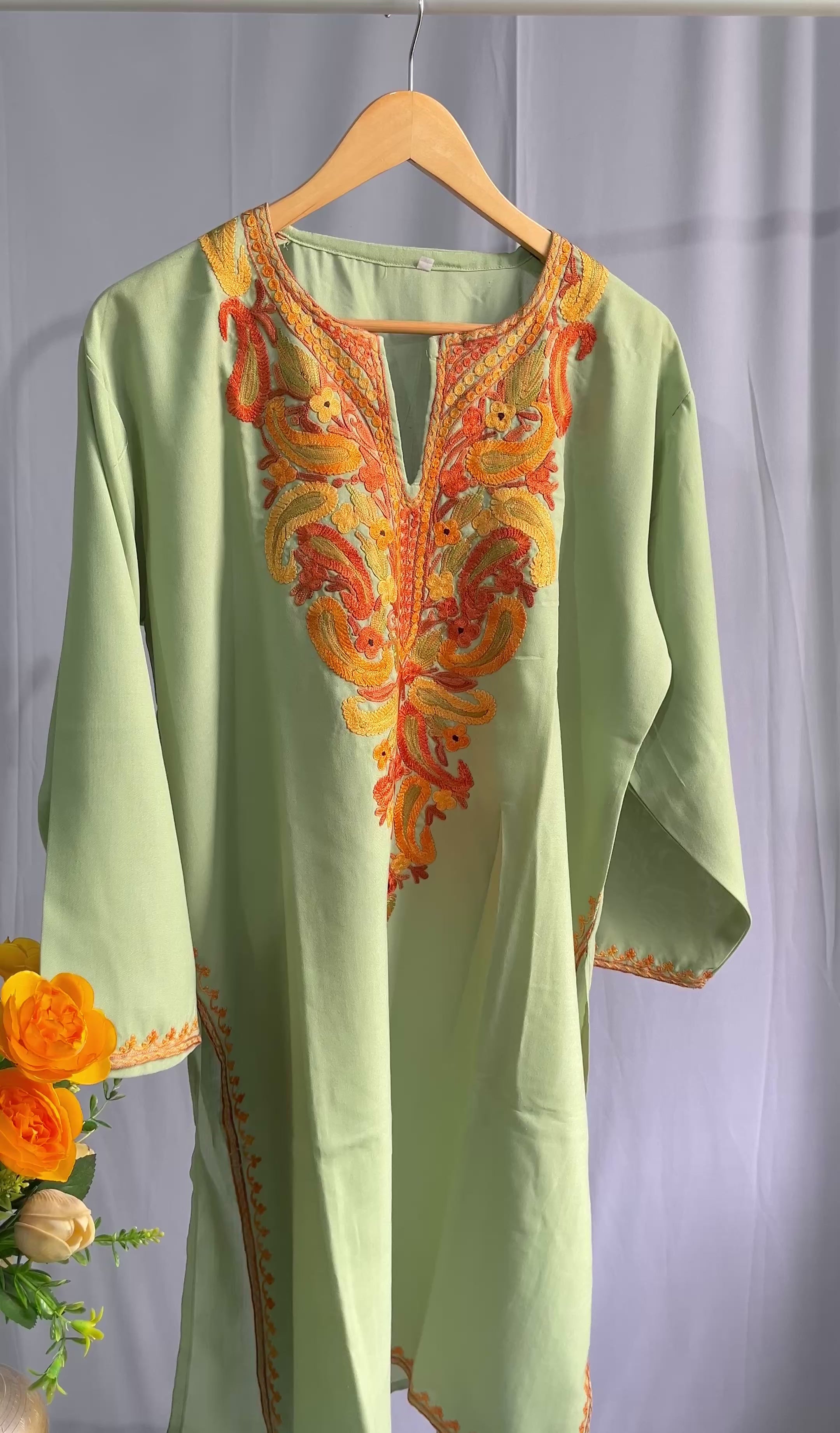 Kashmiri Ari embroidered pistachio green long Cotton kurti