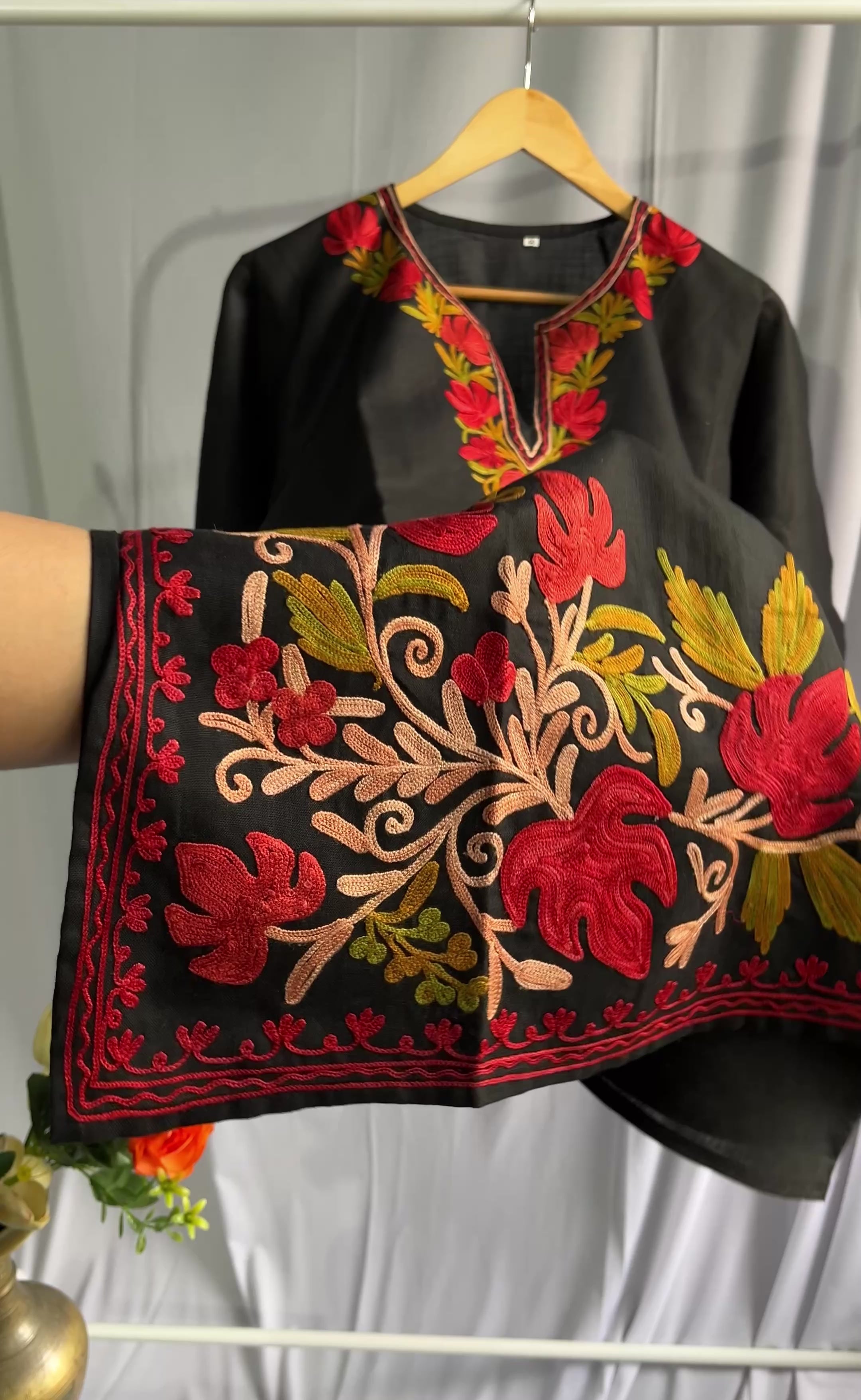 Kashmiri Red Ari embroidered Black long Cotton kurti