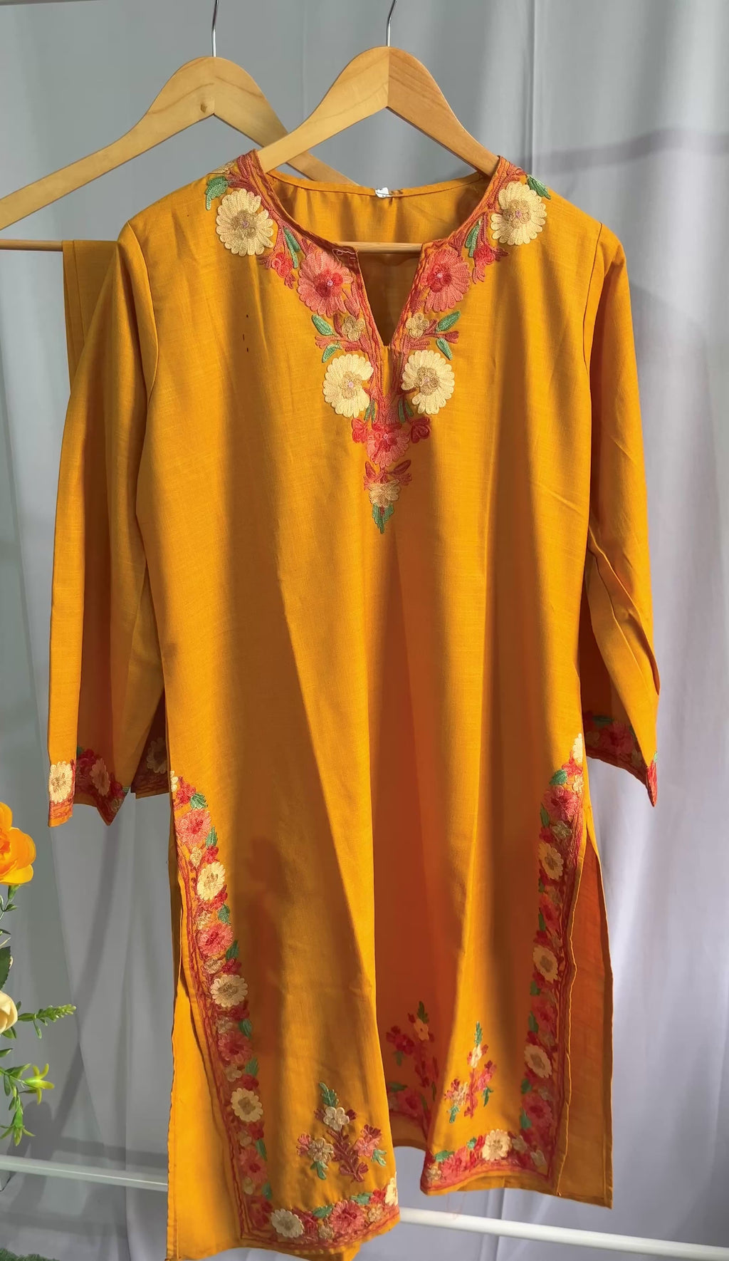 Mustard Kashmiri Ari Embroidered Cotton Kurta Set