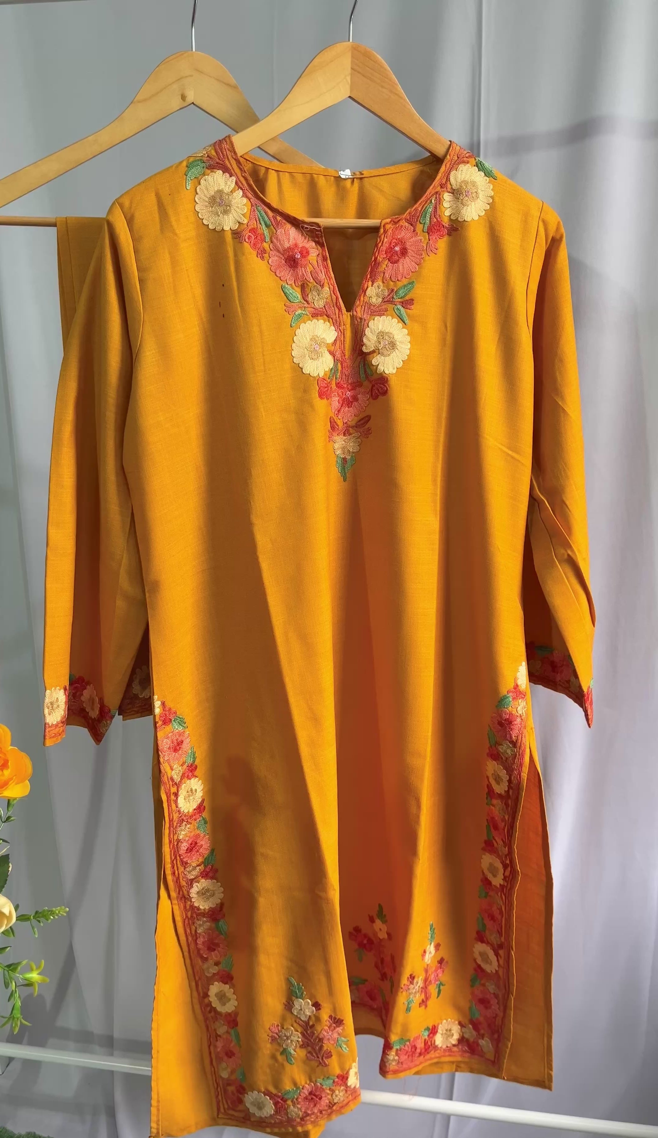 Mustard Kashmiri Ari Embroidered Cotton Kurta Set