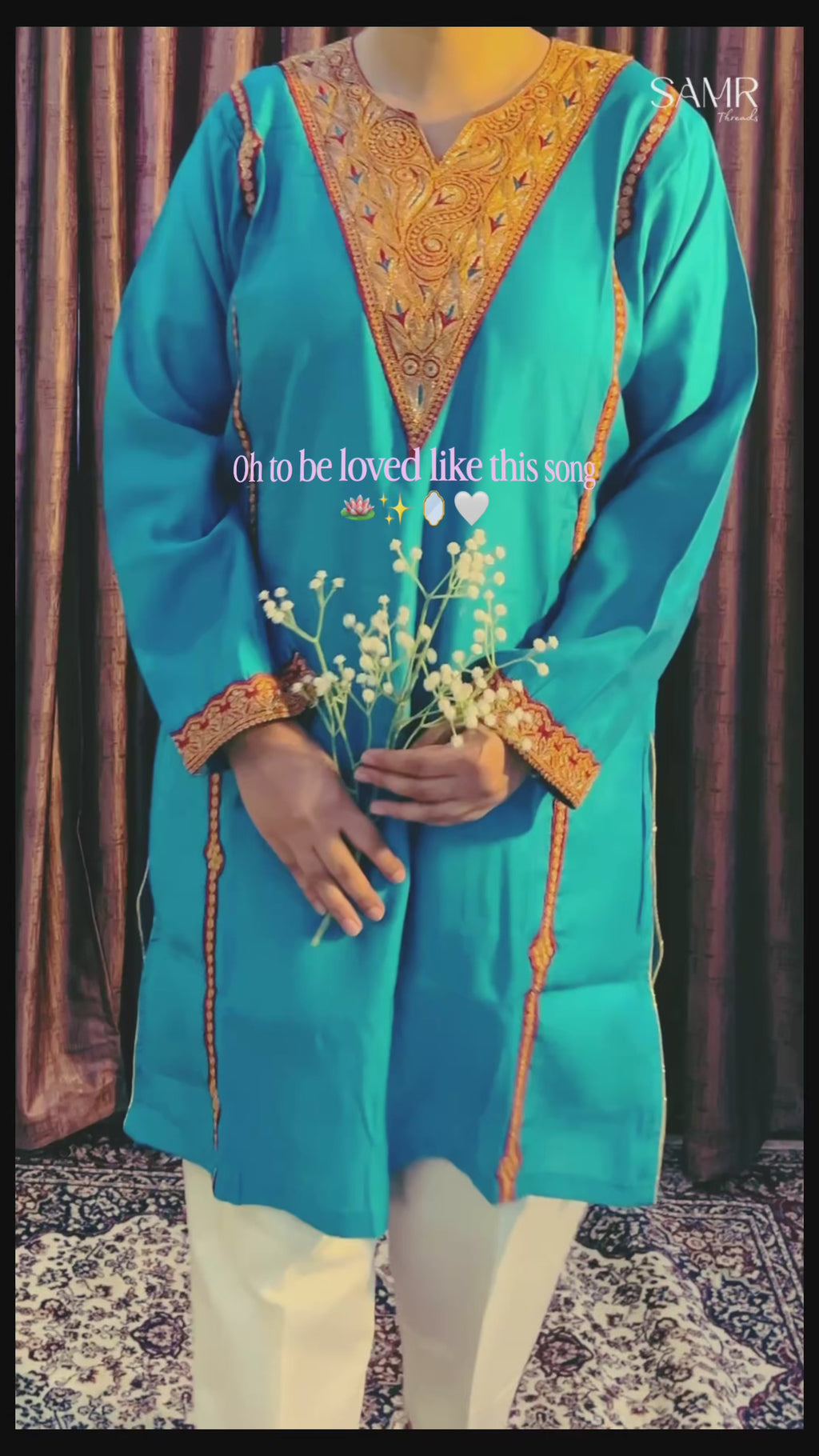 Blue Kashmiri Embroidered Silk Kurti Set with White Pants