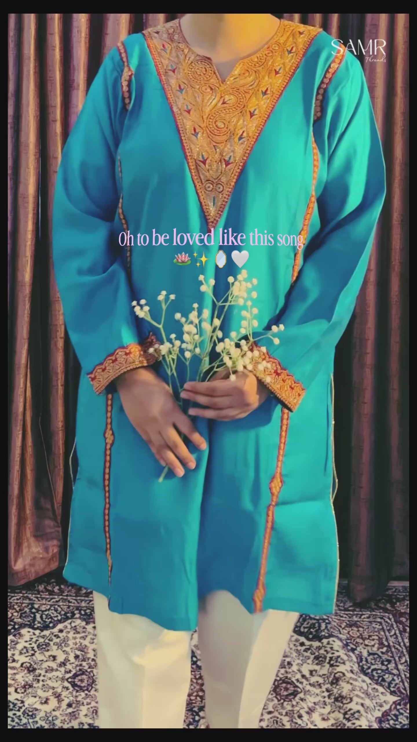 Blue Kashmiri Embroidered Silk Kurti Set with White Pants