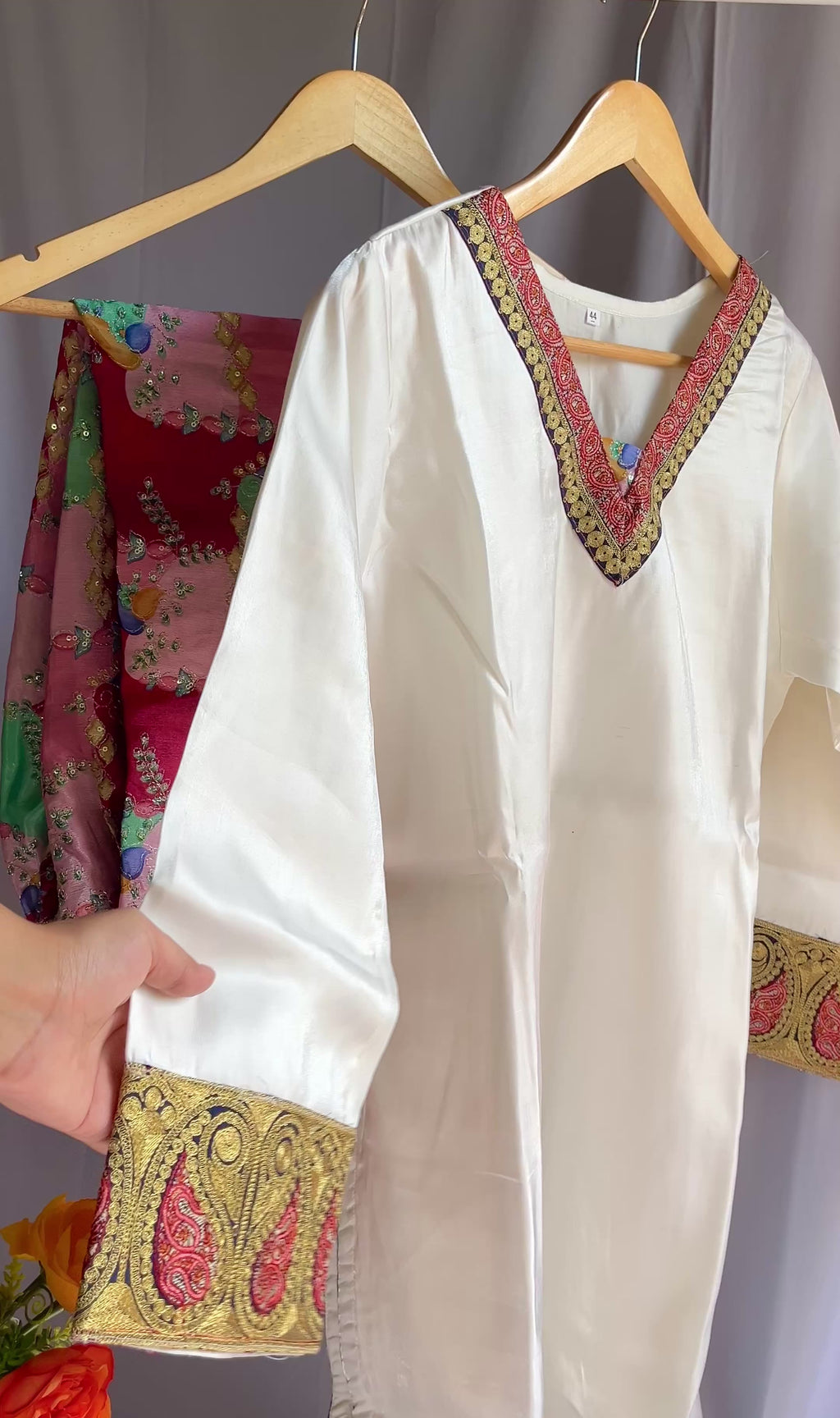 Ivory Silk Tunic with Vibrant Patchwork Trousers