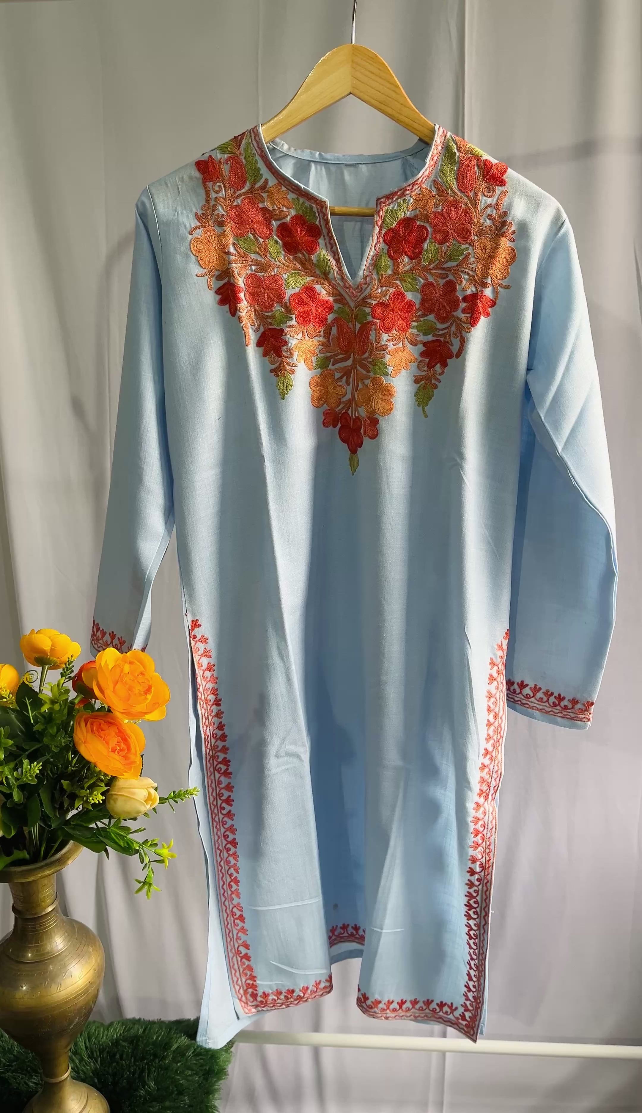 Kashmiri Ari Embroidered light blue long Cotton kurti