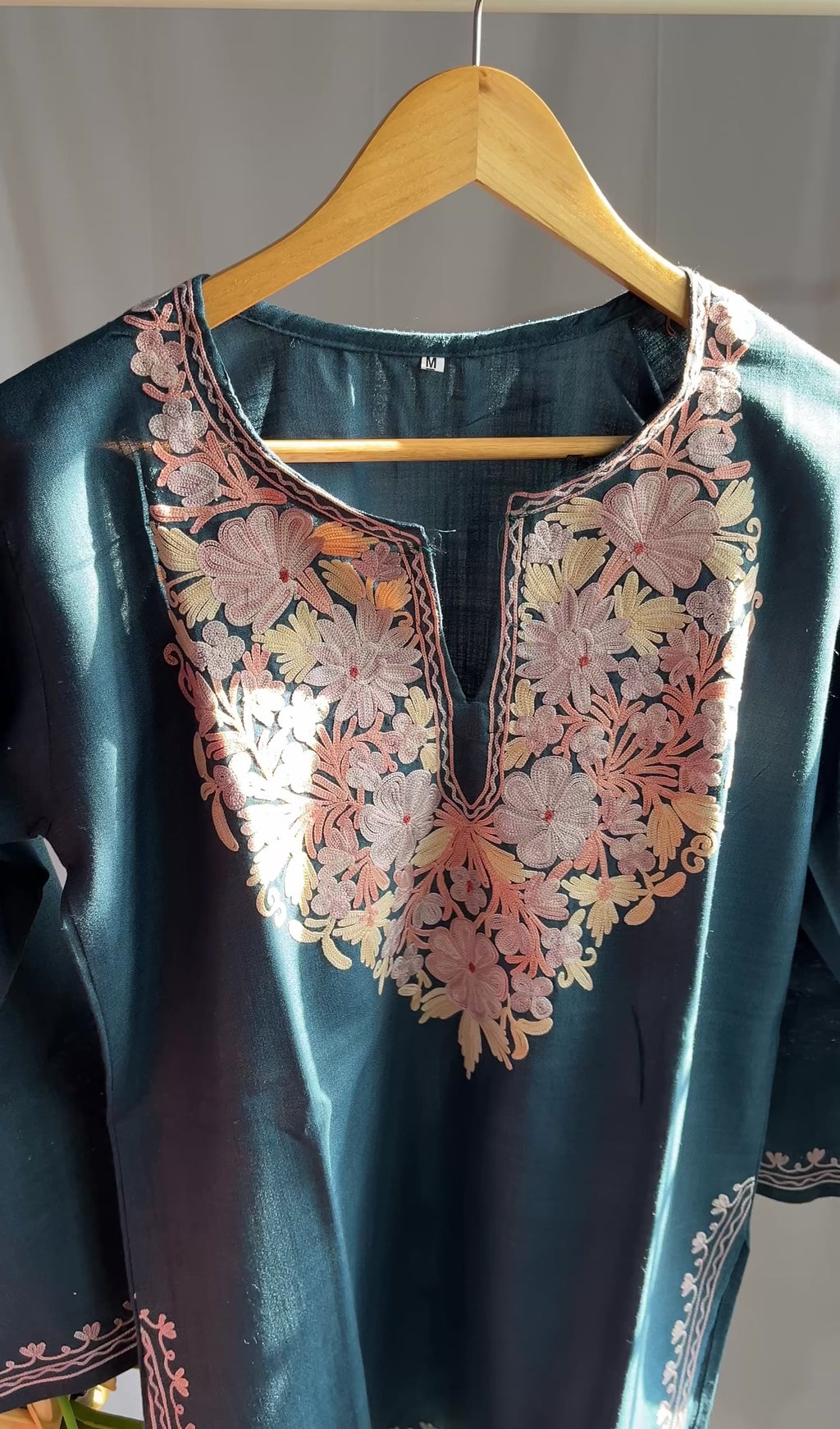 Kashmiri Ari Embroidered blue short Cotton kurti