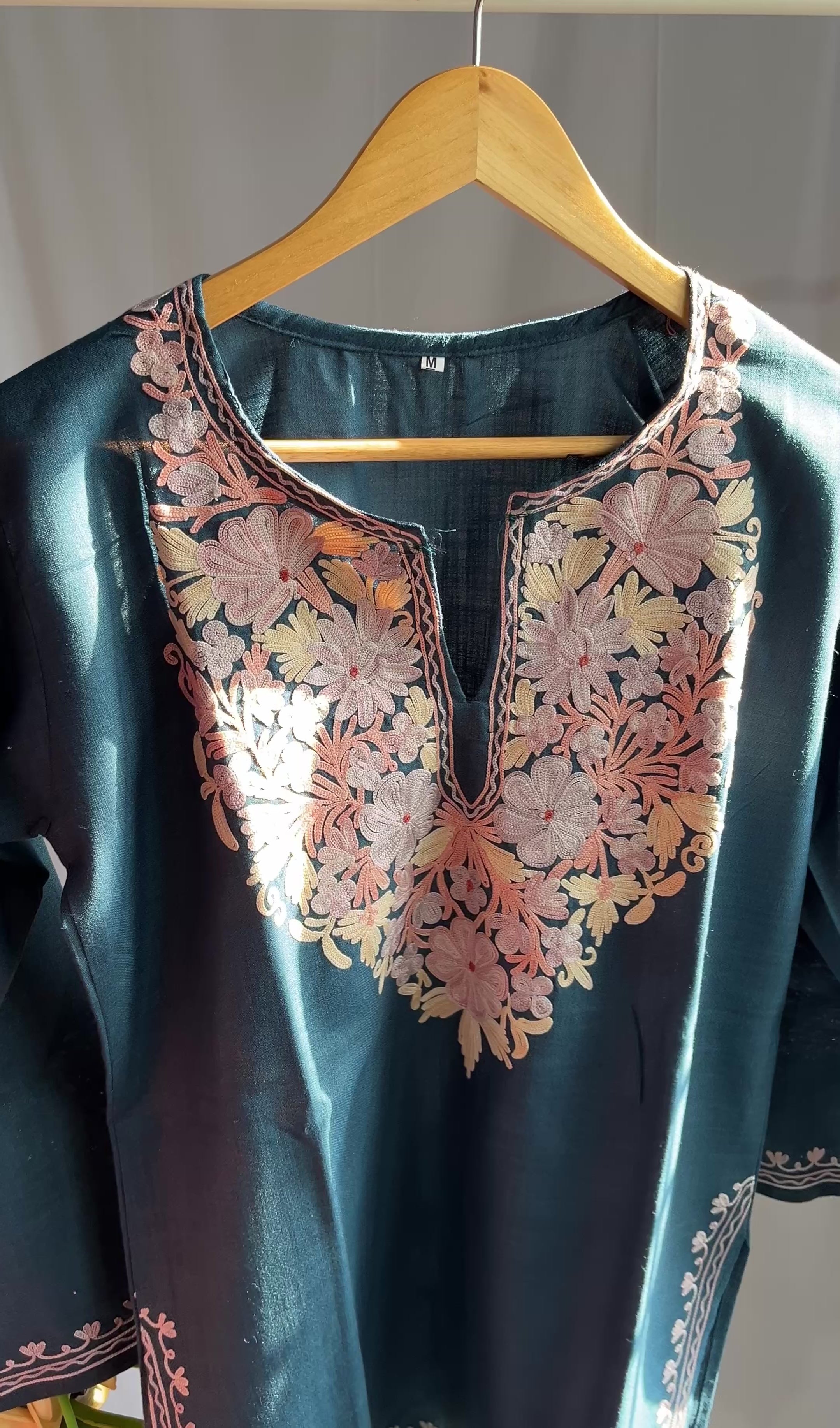 Kashmiri Ari Embroidered blue short Cotton kurti