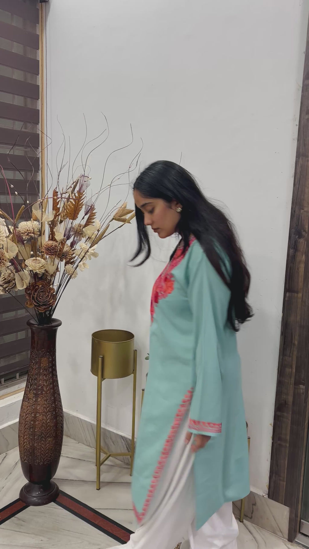 Kashmiri Pink Ari embroidered Sky Blue long Cotton kurti