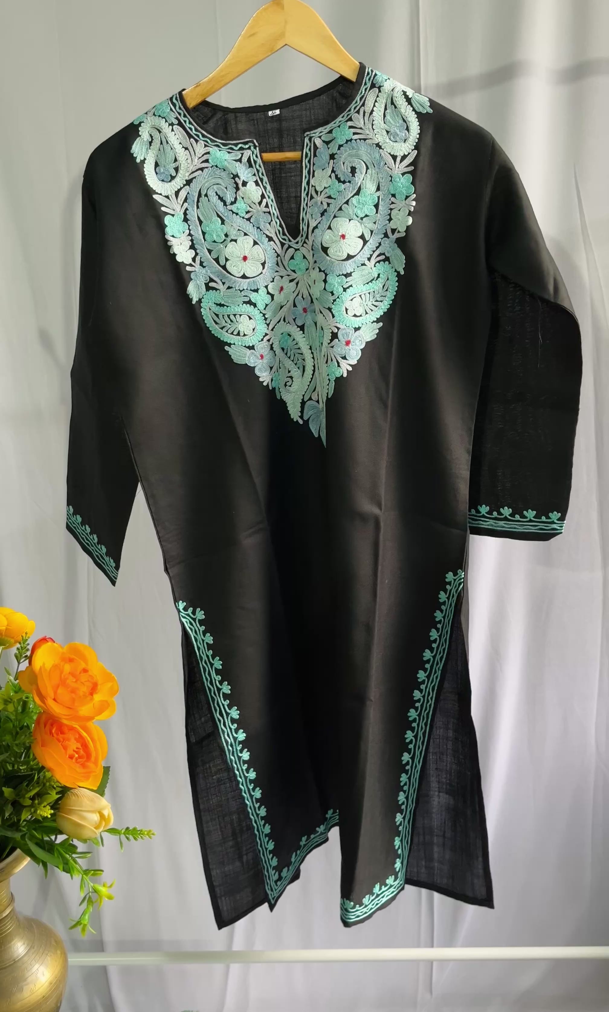 Kashmiri Sky Blue Ari embroidered Black long Cotton kurti