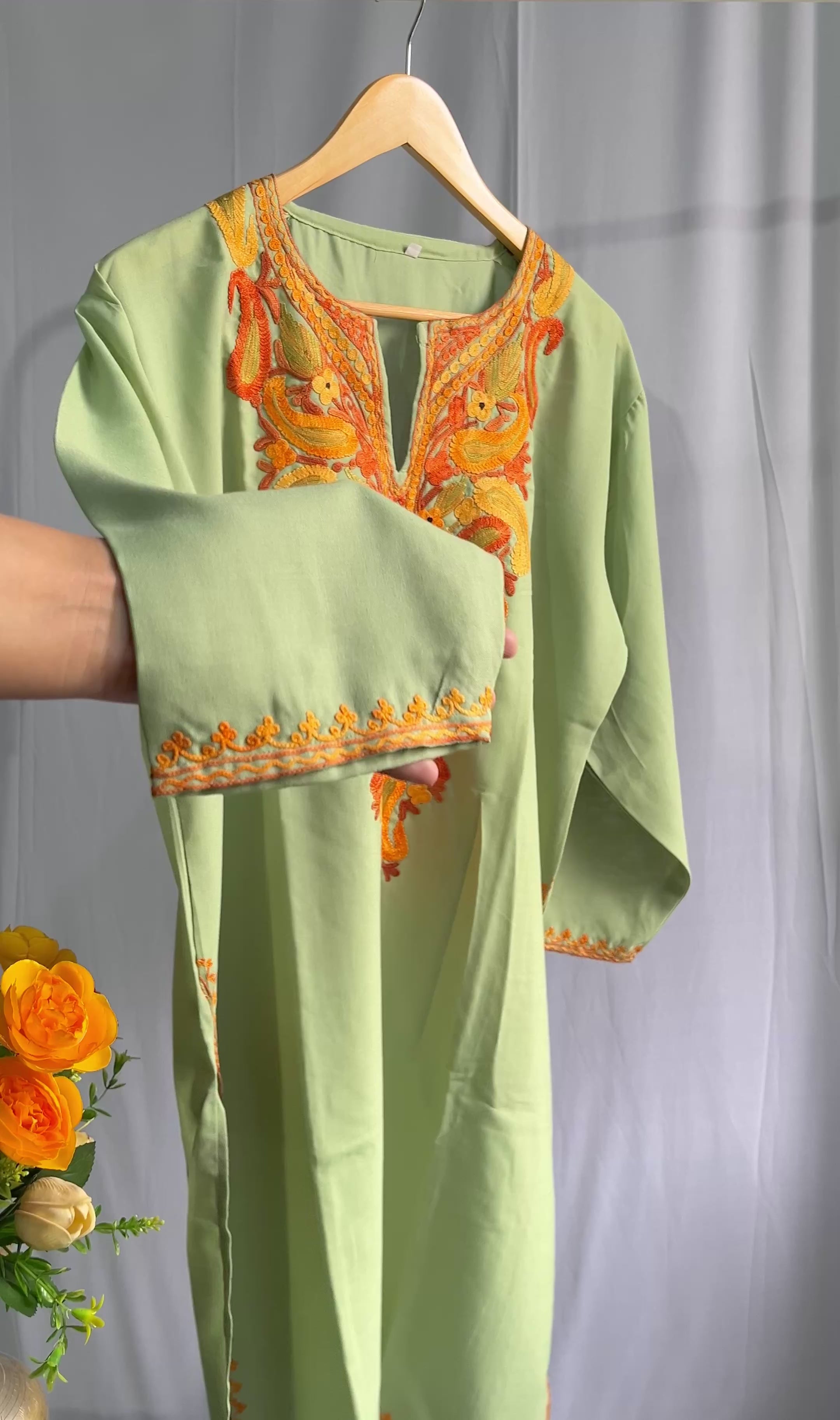Kashmiri Ari embroidered pistachio green long Cotton kurti