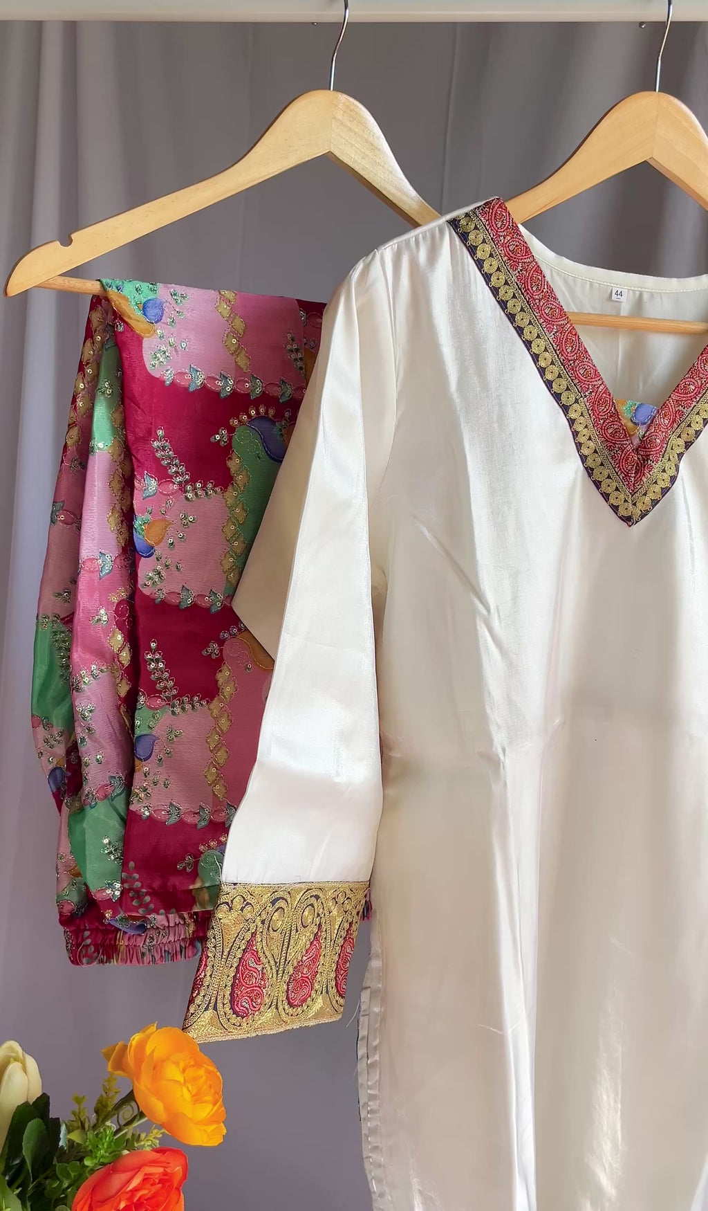 Ivory Silk Tunic with Vibrant Patchwork Trousers