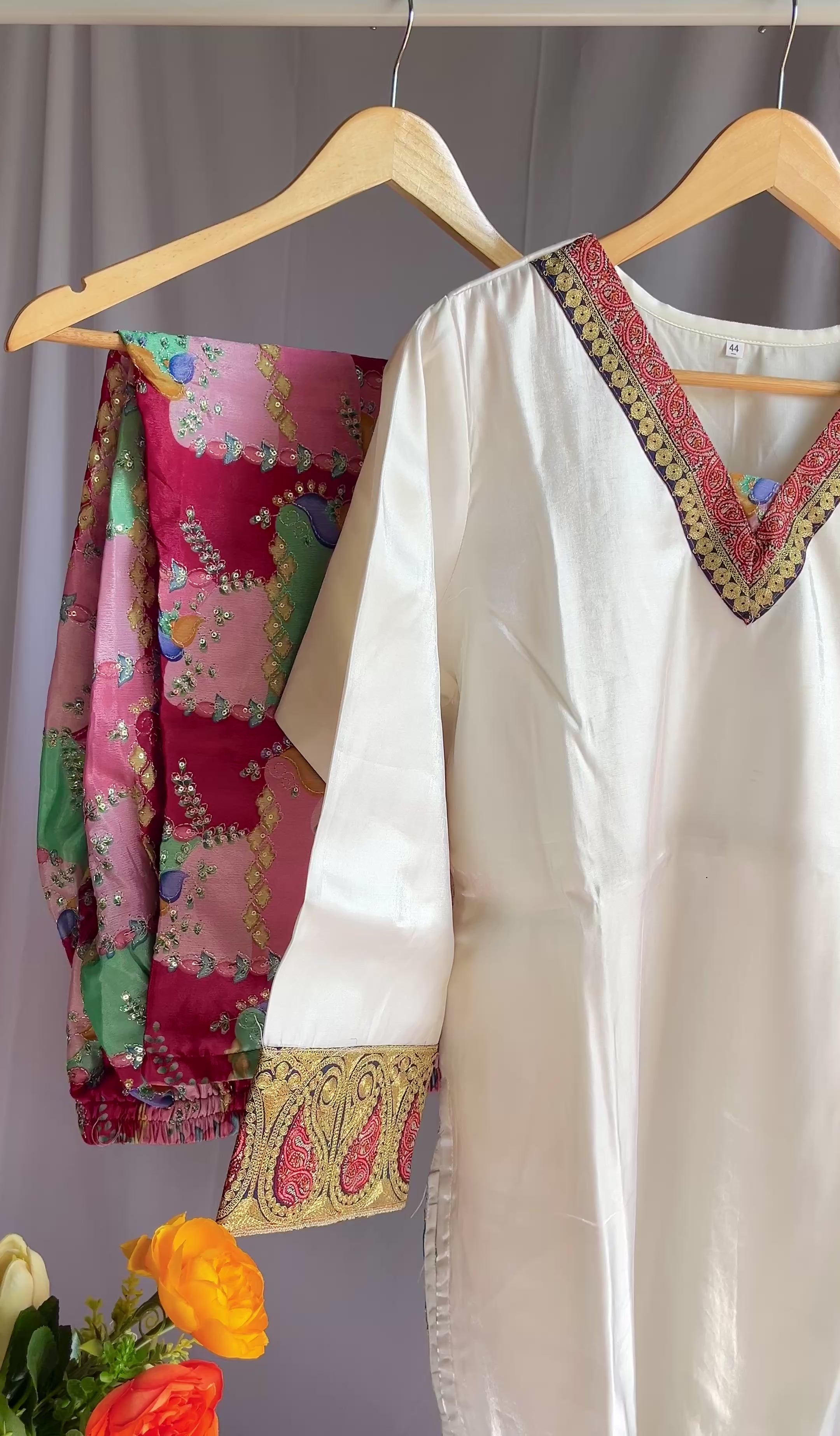 Ivory Silk Tunic with Vibrant Patchwork Trousers