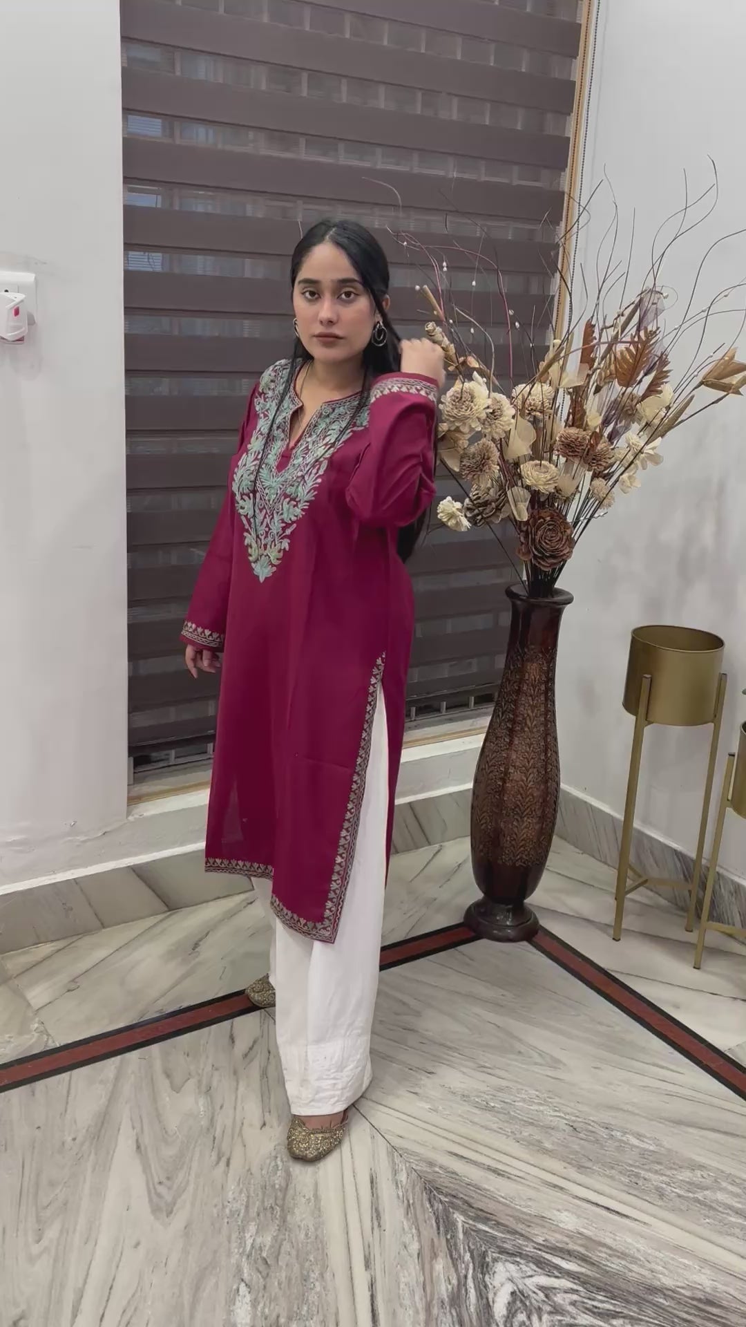 Kashmiri Ari Embroidered Maroon long Cotton kurti