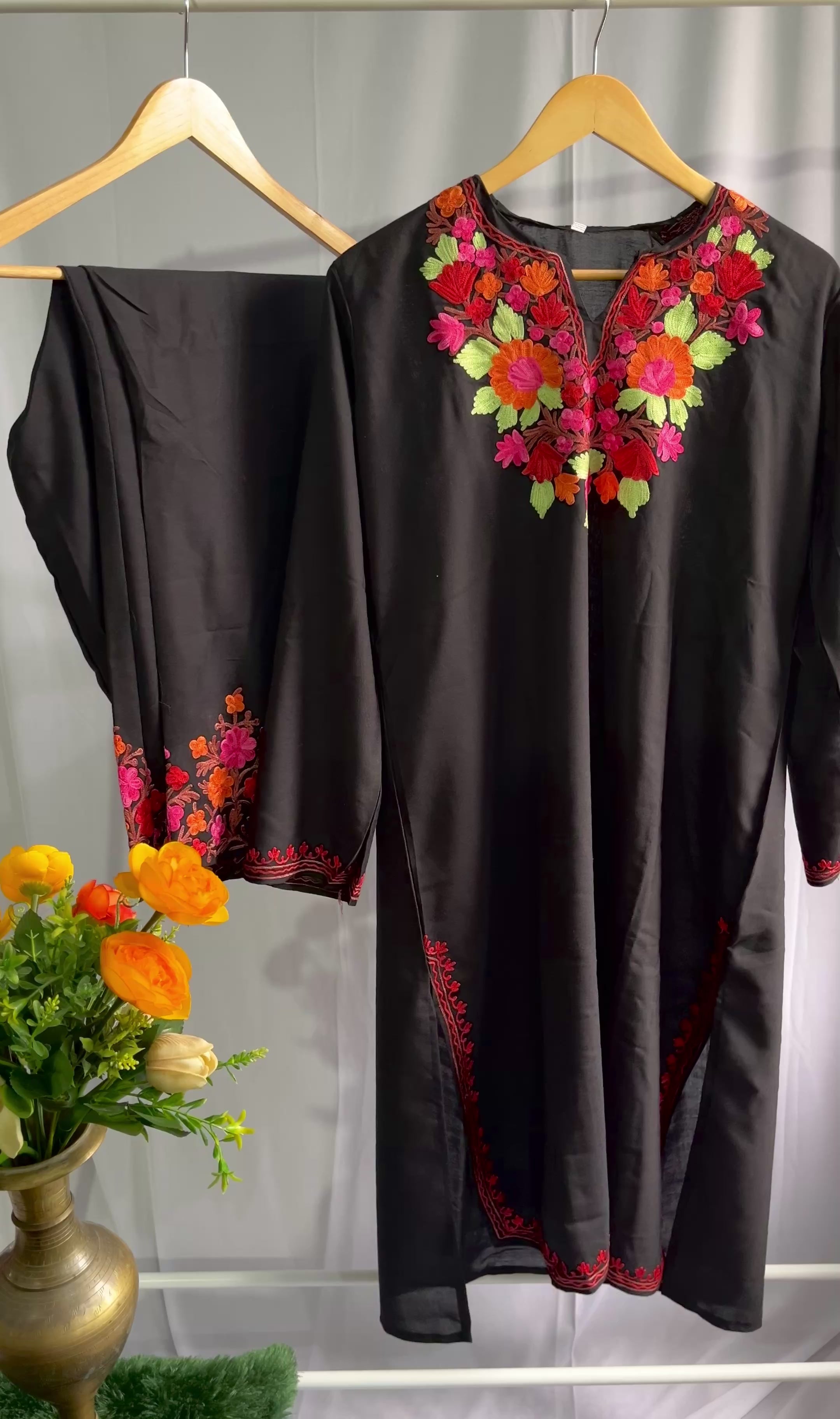 Black Ari Embroidery kashmiri Cotton kurta set