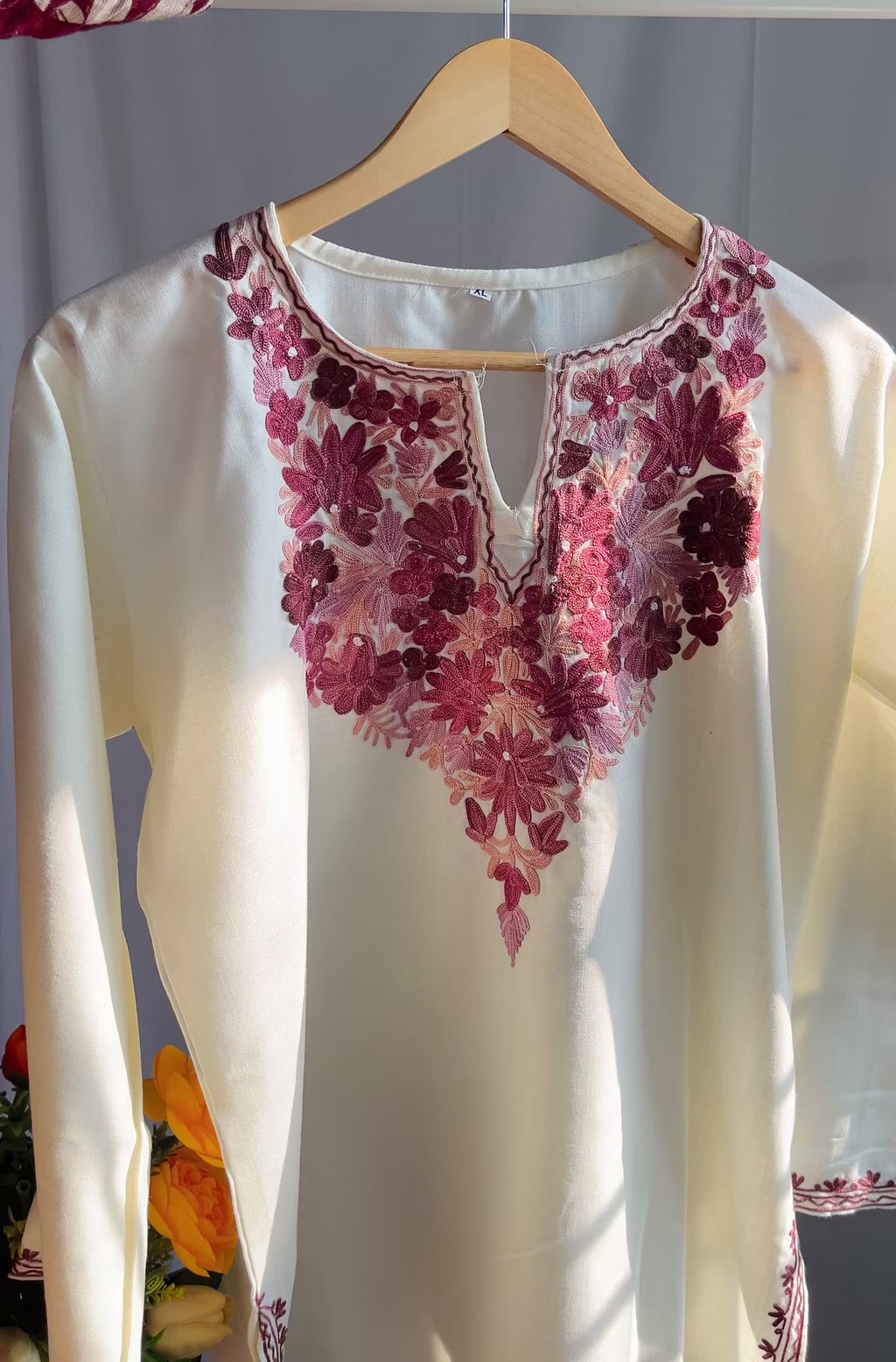 Kashmiri Ari embroidered white Short Cotton kurti