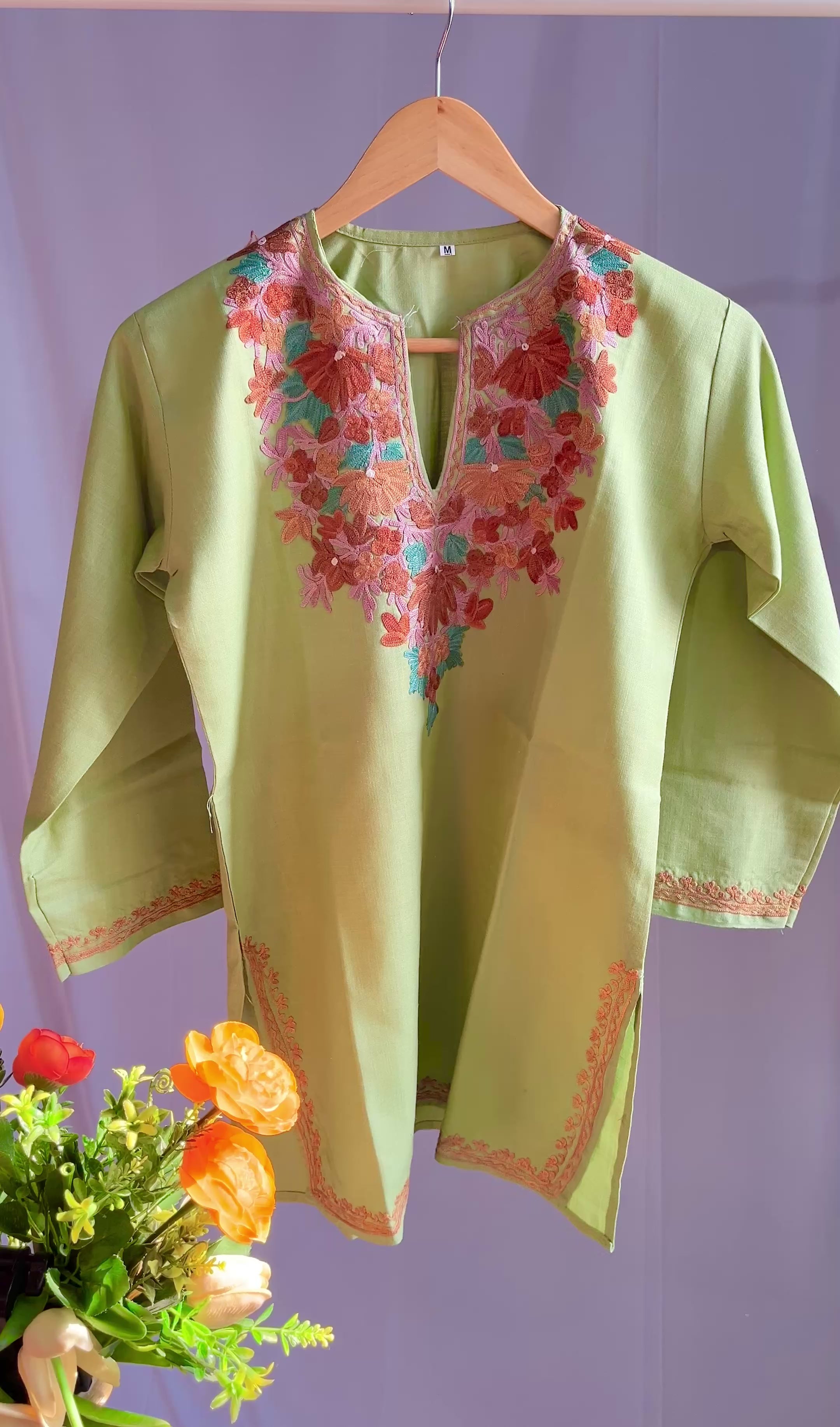 Kashmiri Ari embroidered Green short Cotton kurti