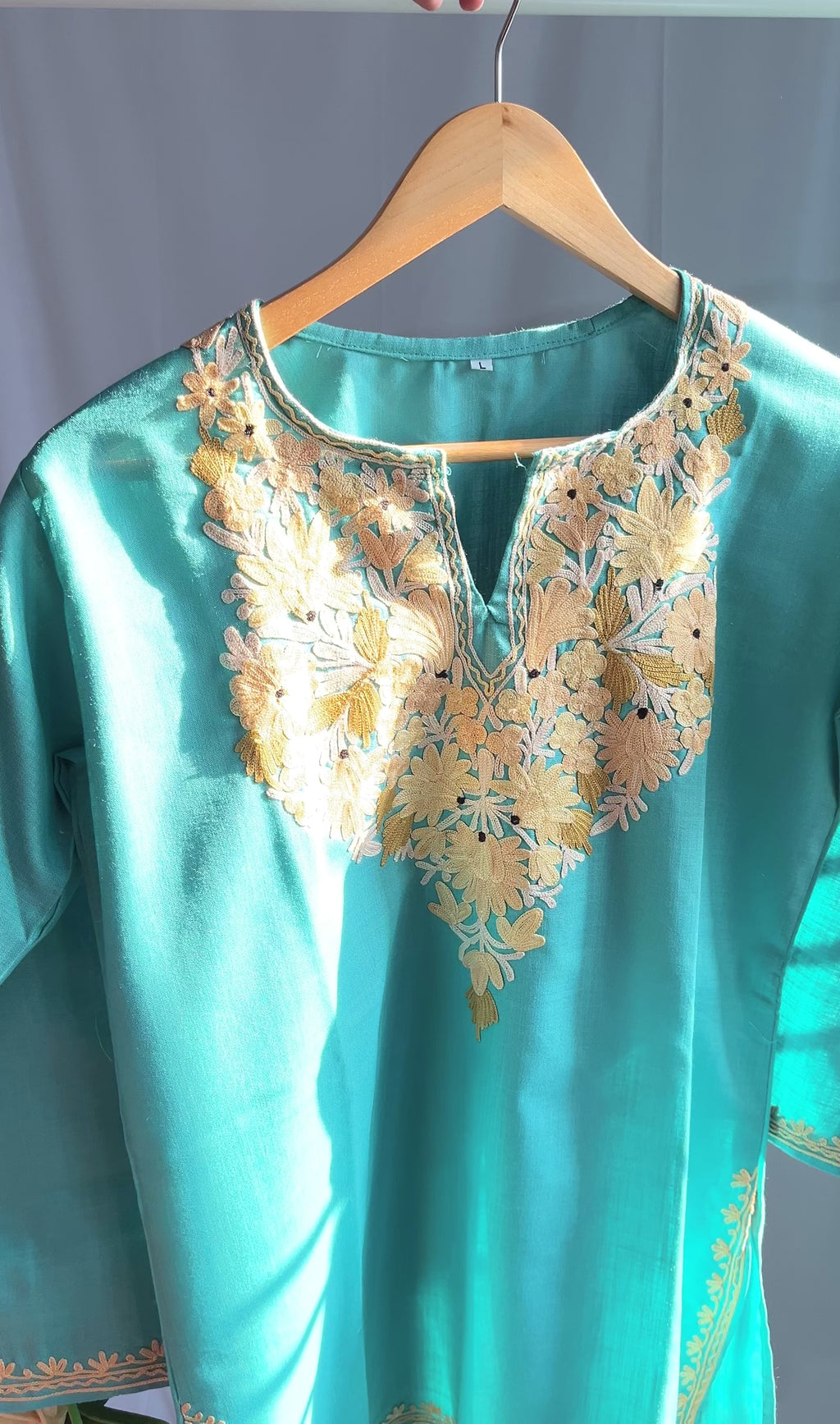 Kashmiri Ari embroidered sky blue short Cotton kurti