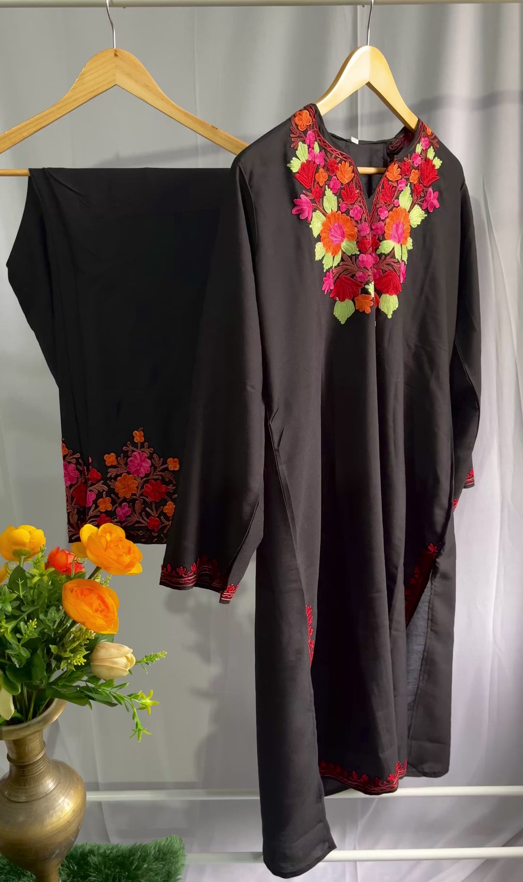 Black Ari Embroidery kashmiri Cotton kurta set