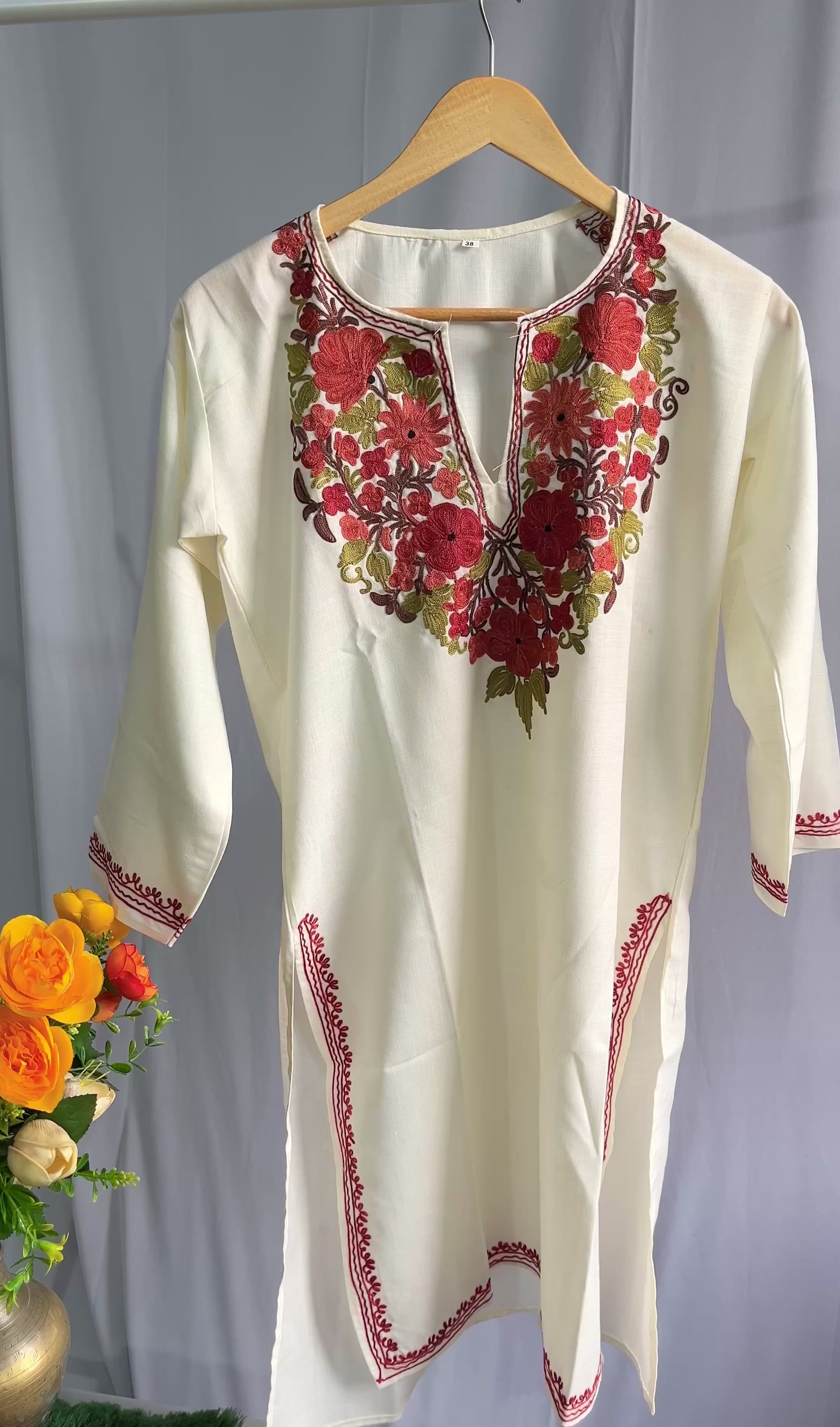Kashmiri Ari Embroidered White long Cotton kurti