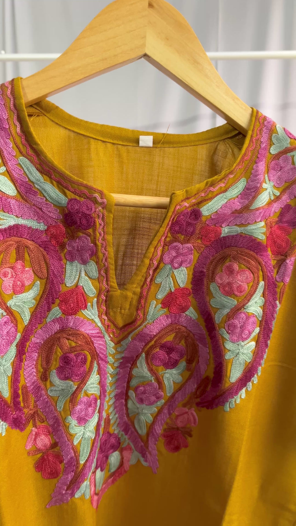 Kashmiri Pink Ari embroidered Brown long Cotton kurti