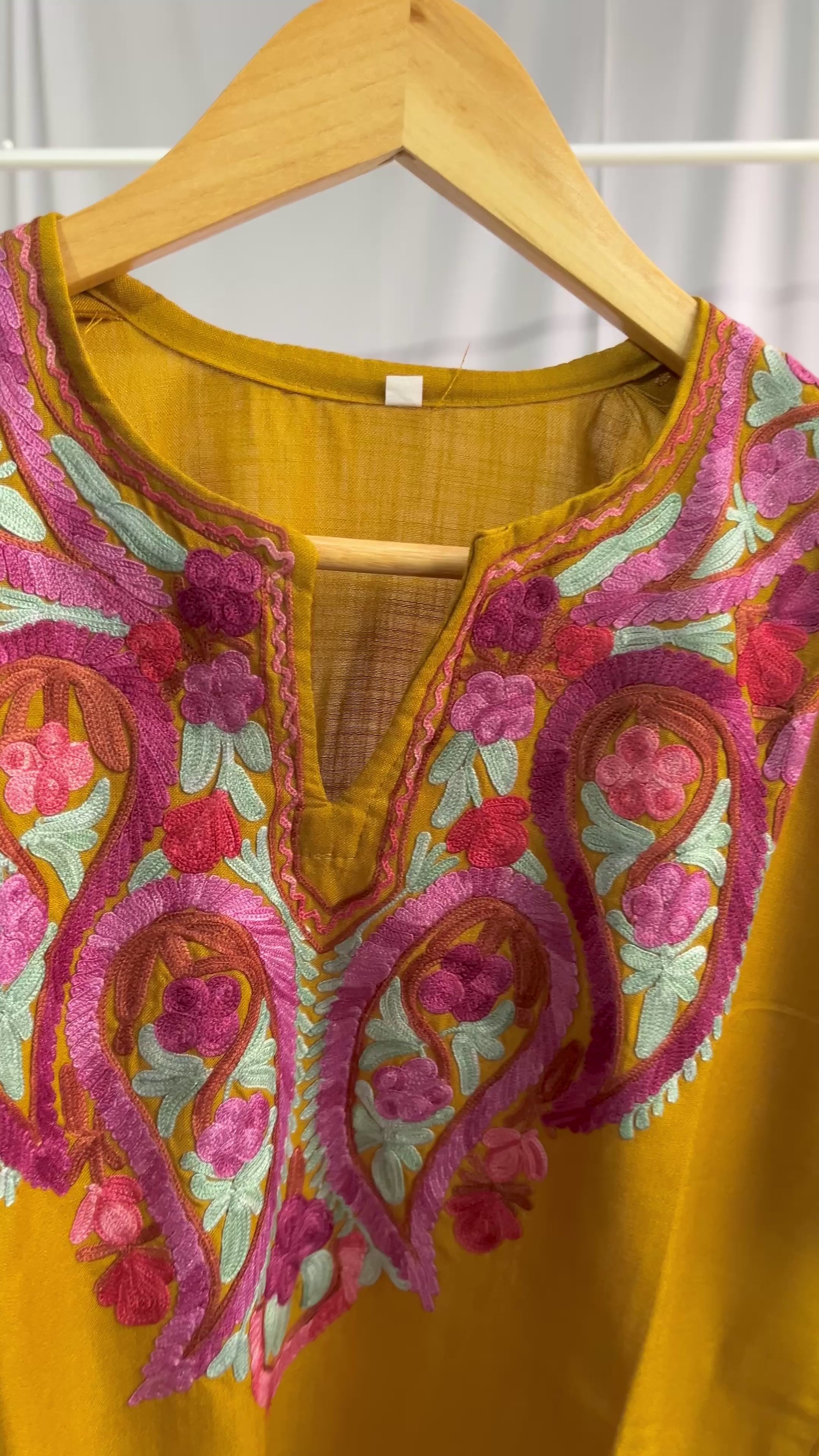 Kashmiri Pink Ari embroidered Brown long Cotton kurti