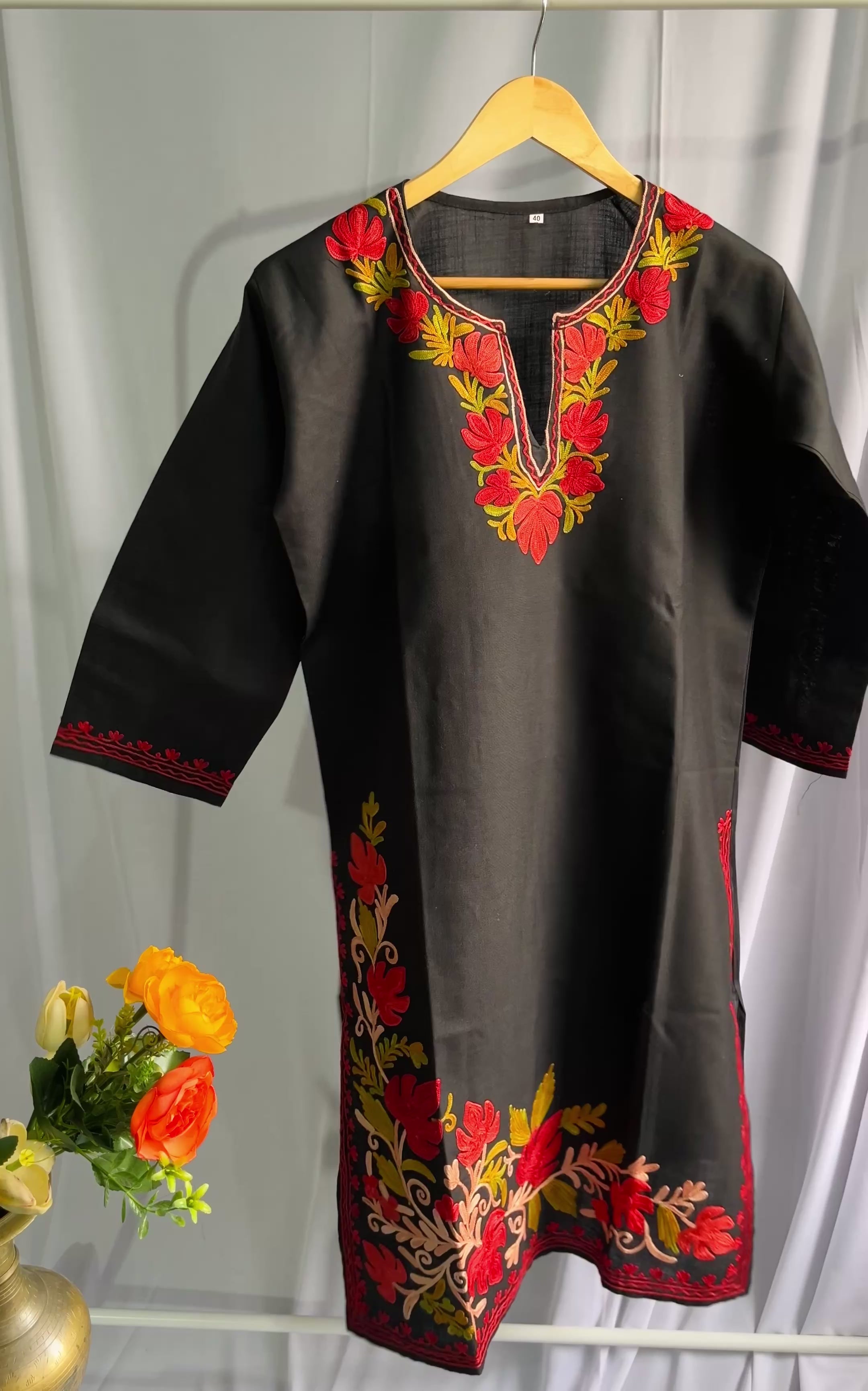 Kashmiri Red Ari embroidered Black long Cotton kurti