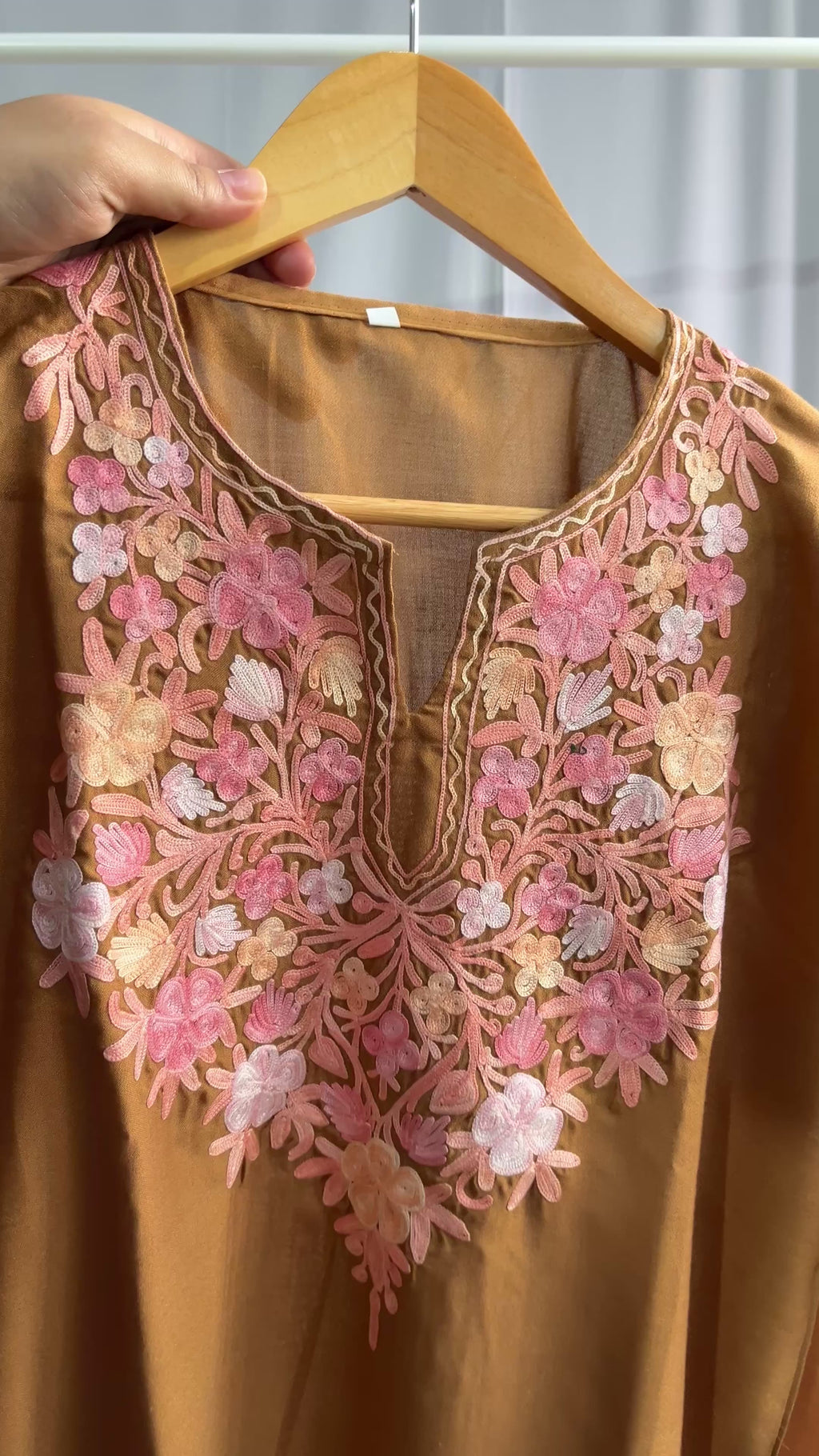 Kashmiri Pink Ari embroidered Brown long Cotton kurti