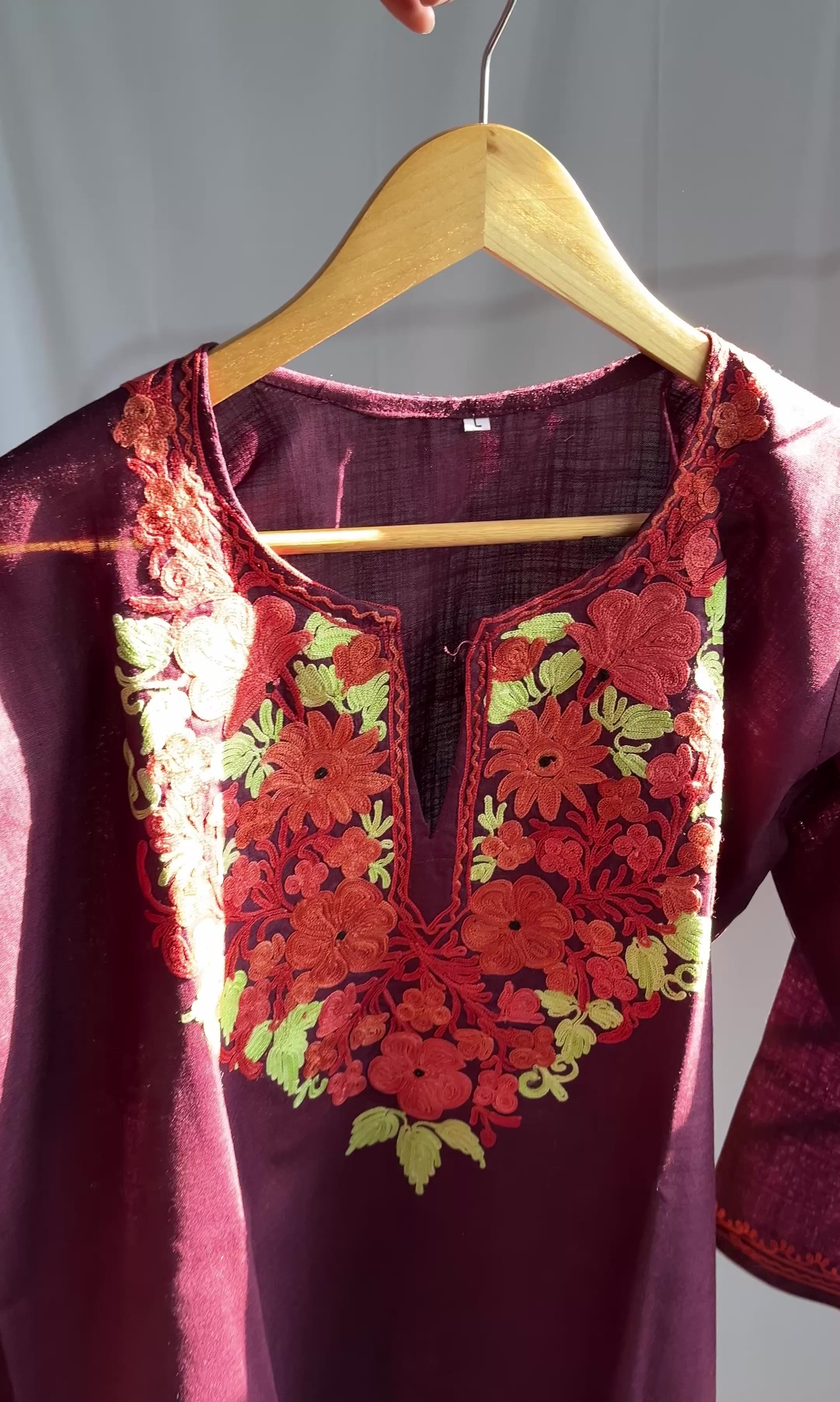 Kashmiri Ari embroidered wine short Cotton kurti