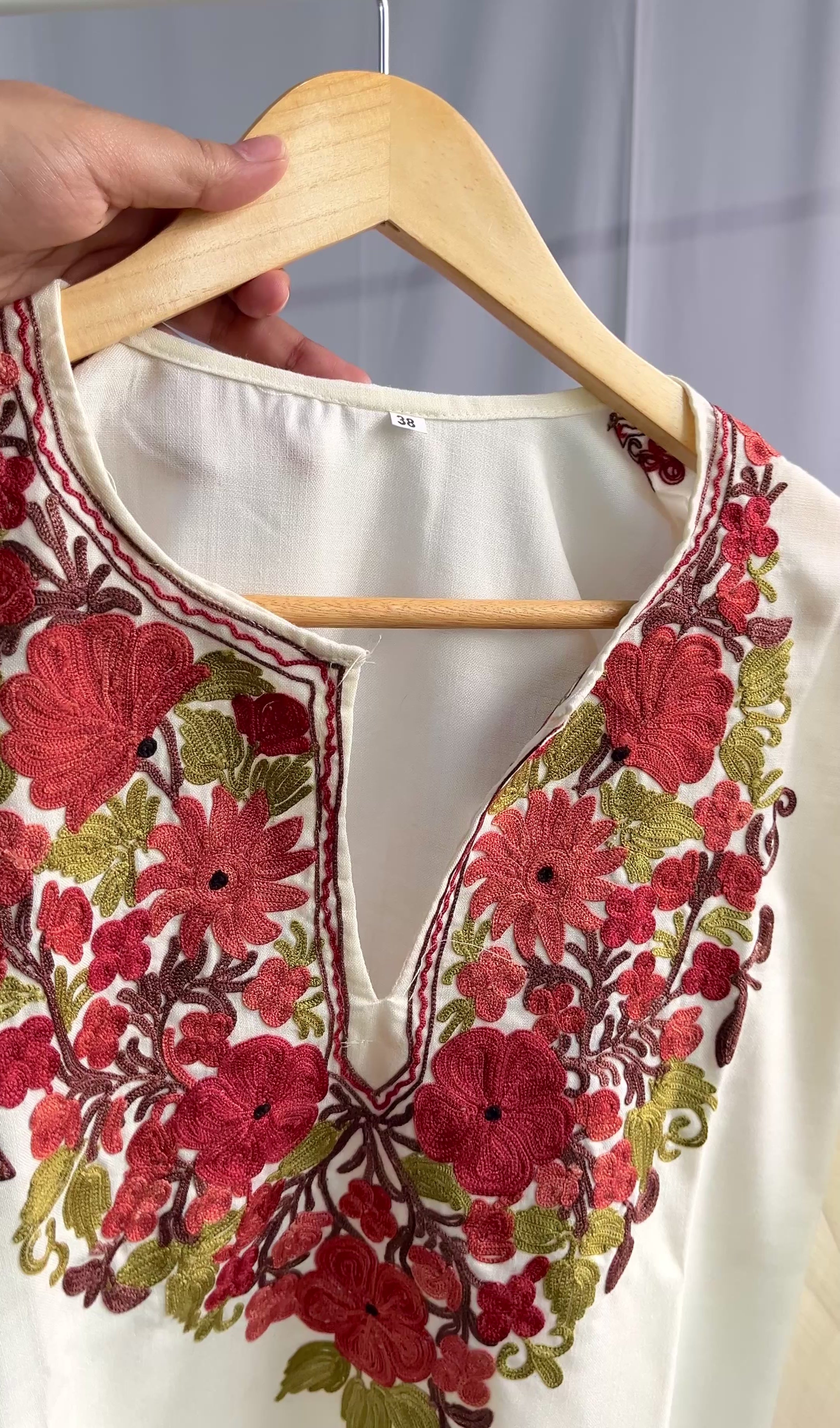 Kashmiri Ari Embroidered White long Cotton kurti